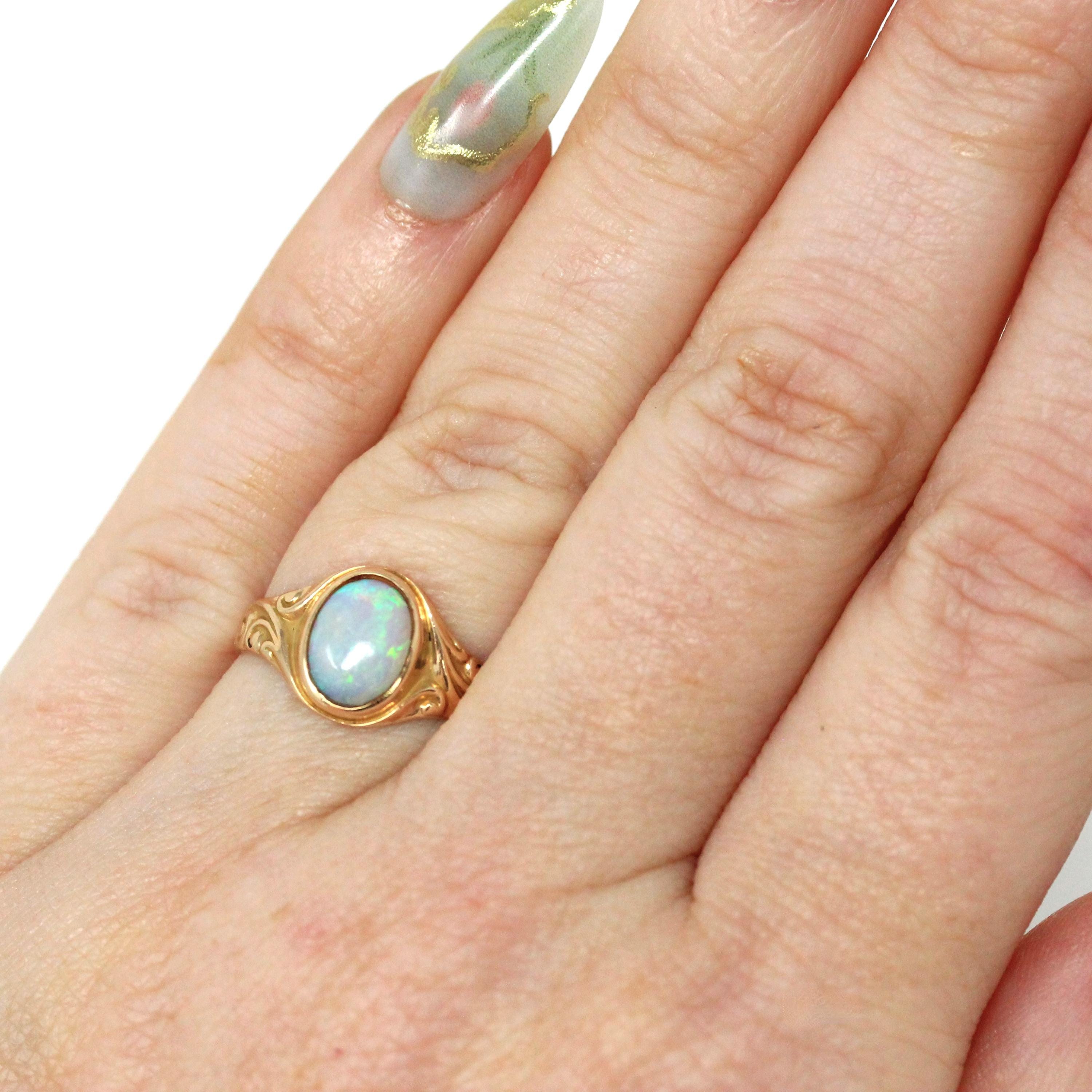 Edwardian Opal Ring - Antique 10k Yellow Gold Solitaire Natural Cabochon Gem - Circa 1900s Era Size 4 3/4 October Birthstone Fine Jewelry