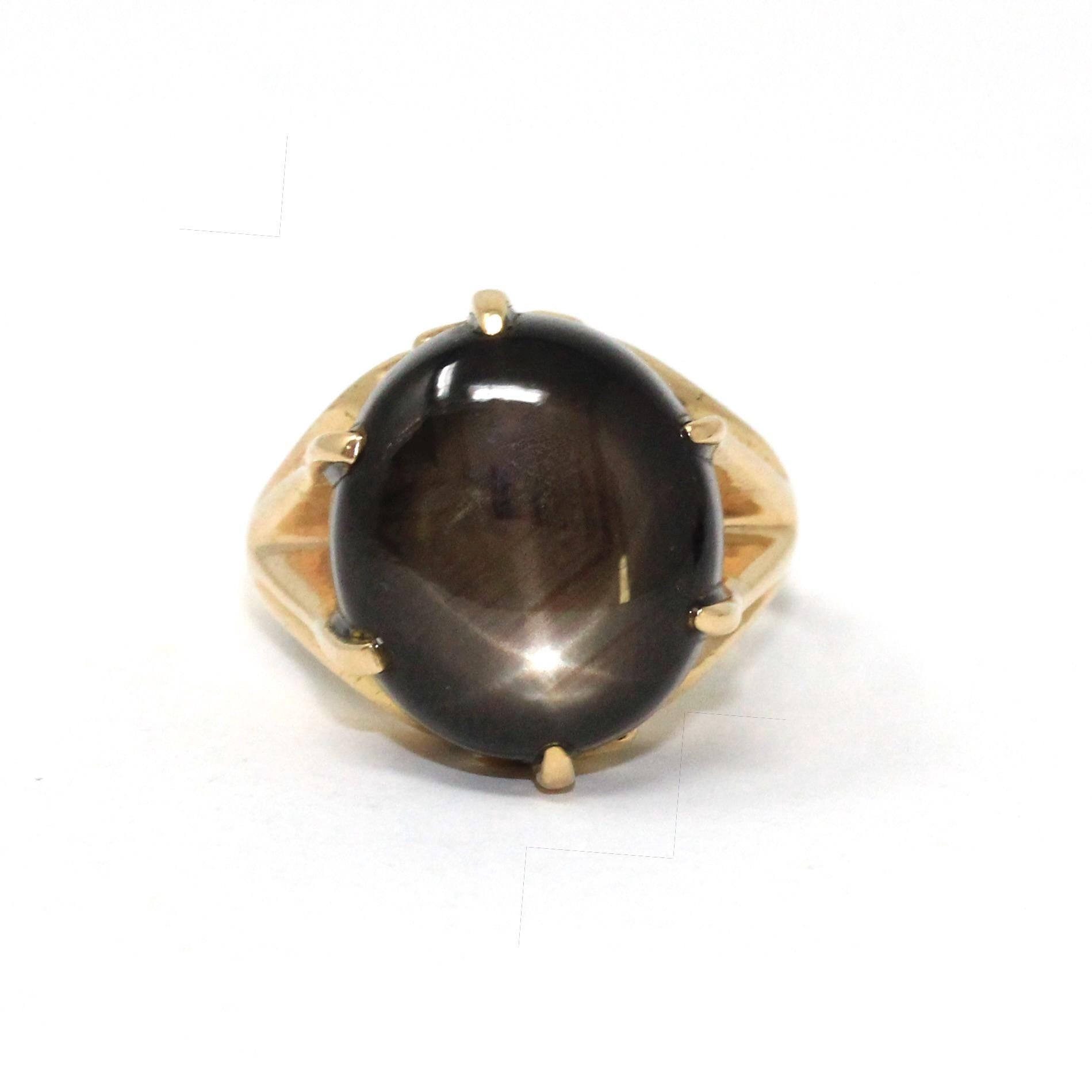 Black Star Sapphire Ring - Retro 14k Yellow Gold Natural Rayed Gemstone - Vintage Circa 1960s Era Size 6 Solitaire Celestial Fine Jewelry