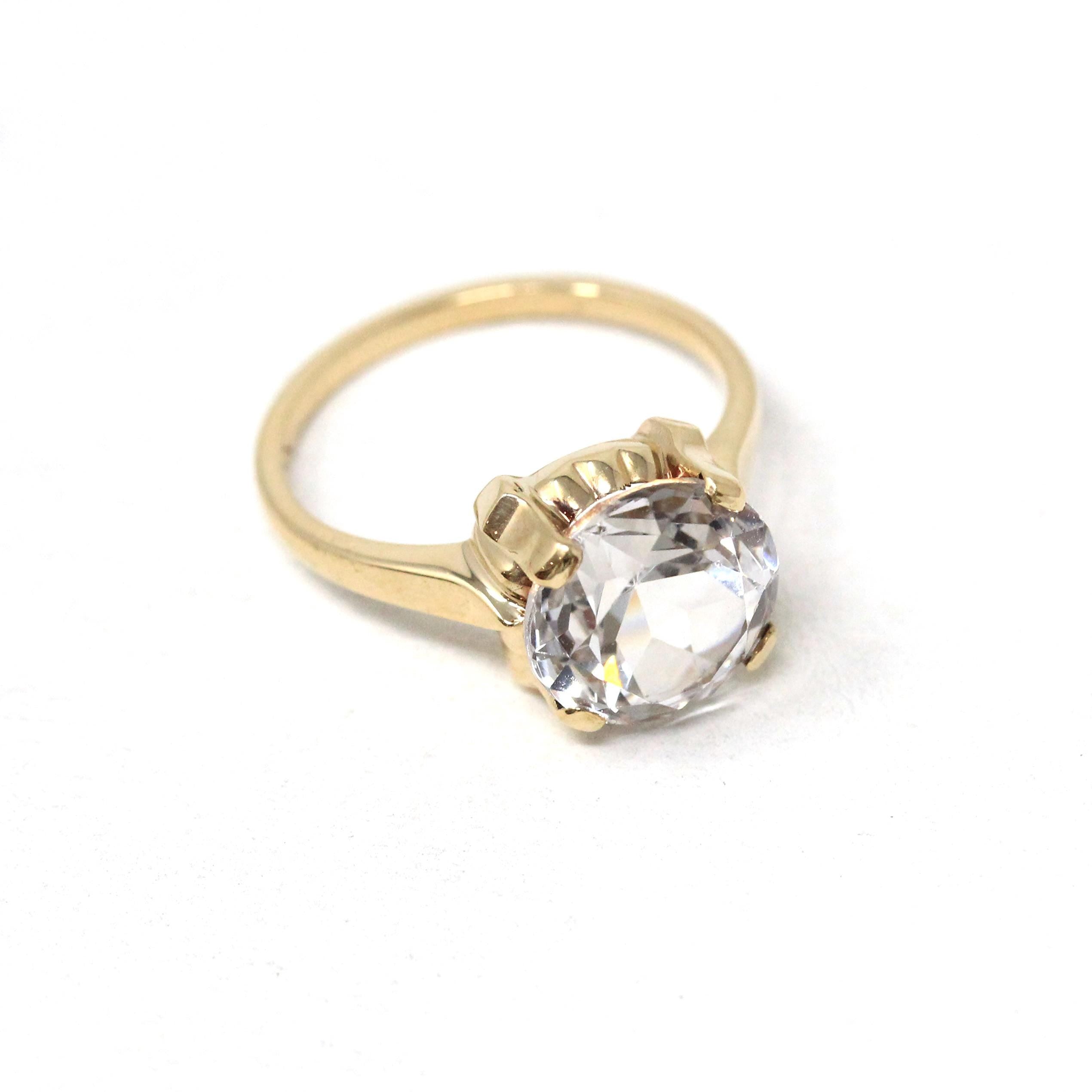 Created Spinel Ring - Mid Century 10k White Gold Round Faceted White Gem - Vintage Circa 1940s Size 6.5 Statement Fine August Birth Jewelry