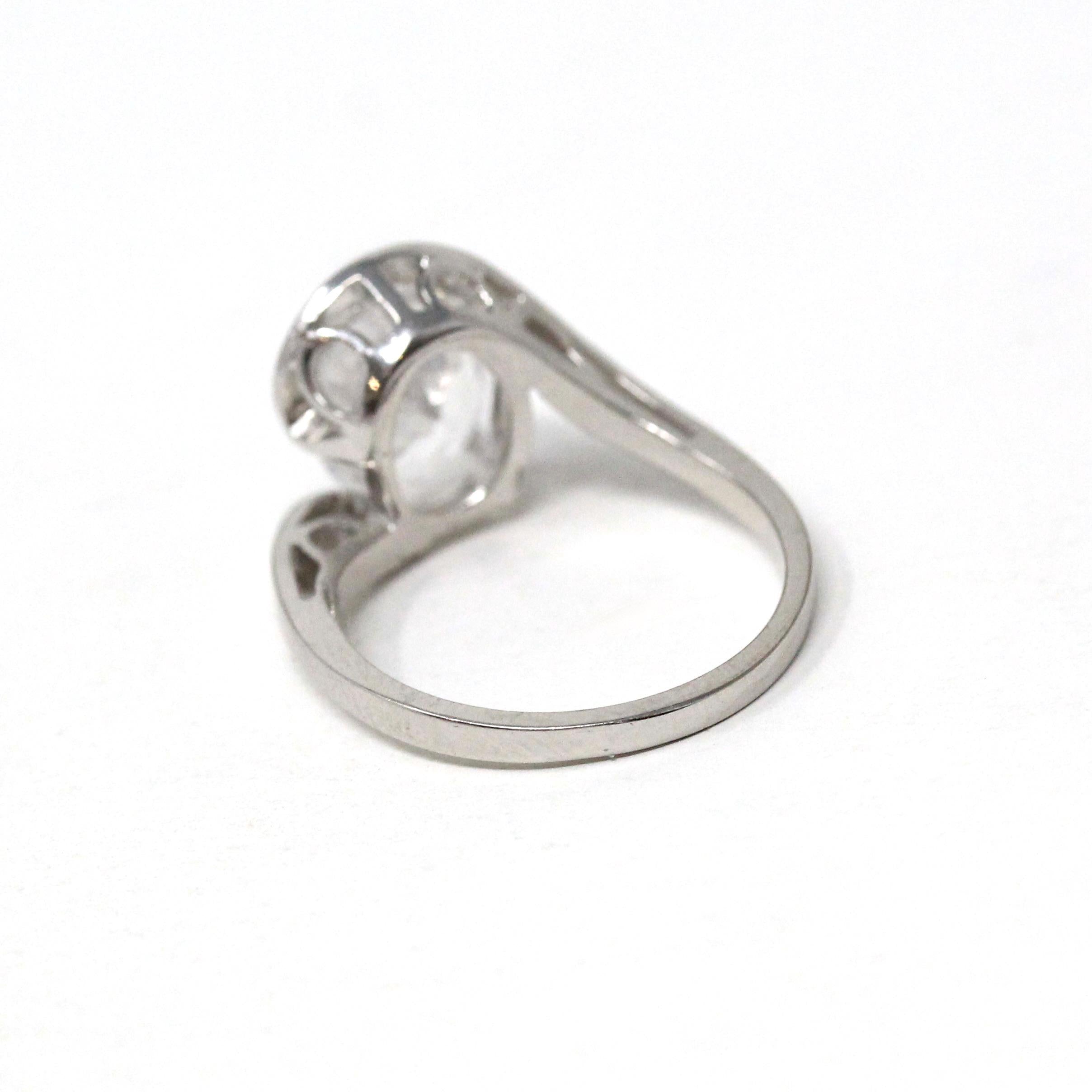 Created Spinel Ring - Retro 10k White Gold Oval Faceted White Stone - Vintage Circa 1960s Era Size 5 3/4 Fine Simulated Diamond Jewelry