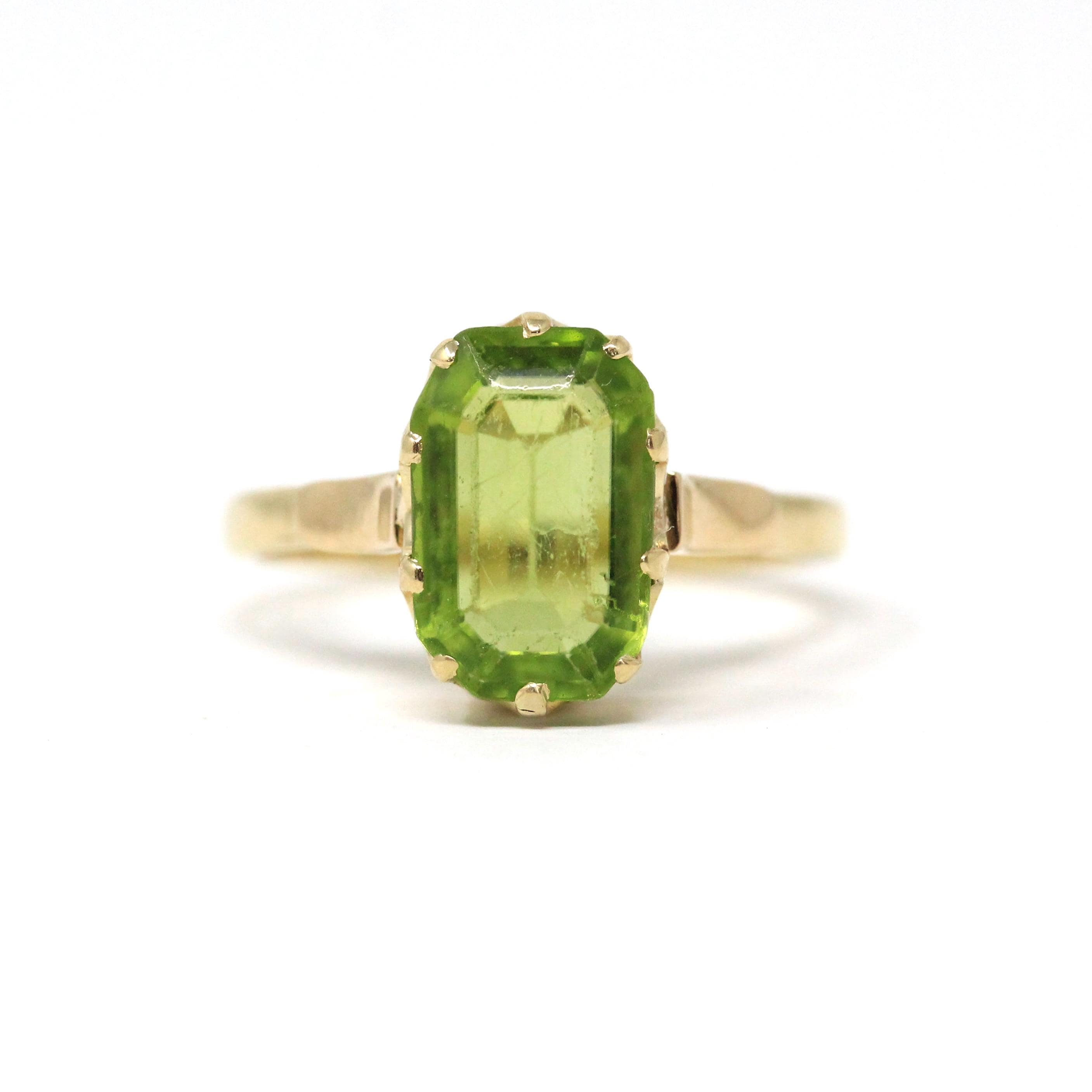 Natural Peridot Ring - Edwardian 14k Yellow Gold 1.24 CT Green Gemstone - Antique Circa 1910s Era Size 6 1/4 August Birthstone Fine Jewelry