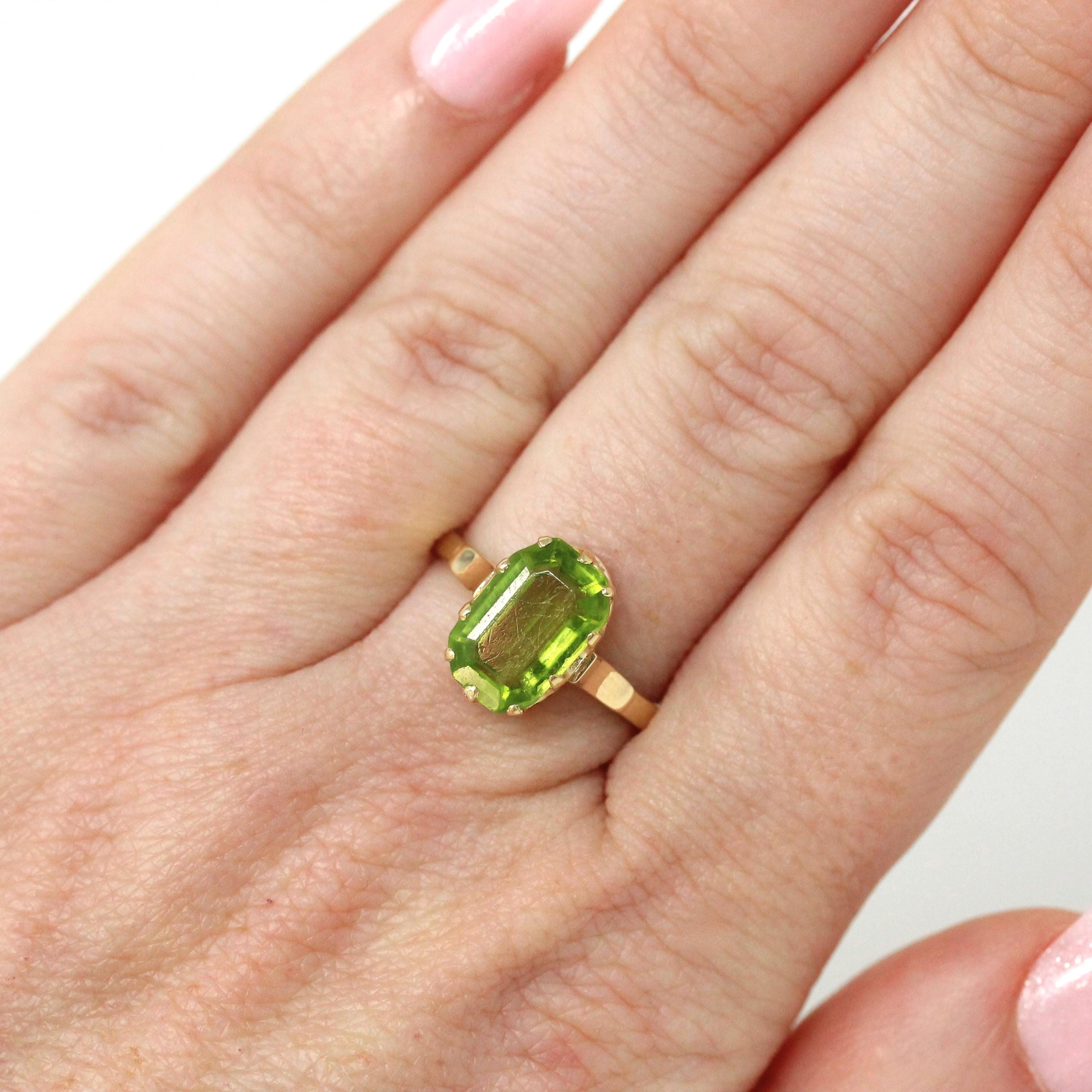 Natural Peridot Ring - Edwardian 14k Yellow Gold 1.24 CT Green Gemstone - Antique Circa 1910s Era Size 6 1/4 August Birthstone Fine Jewelry