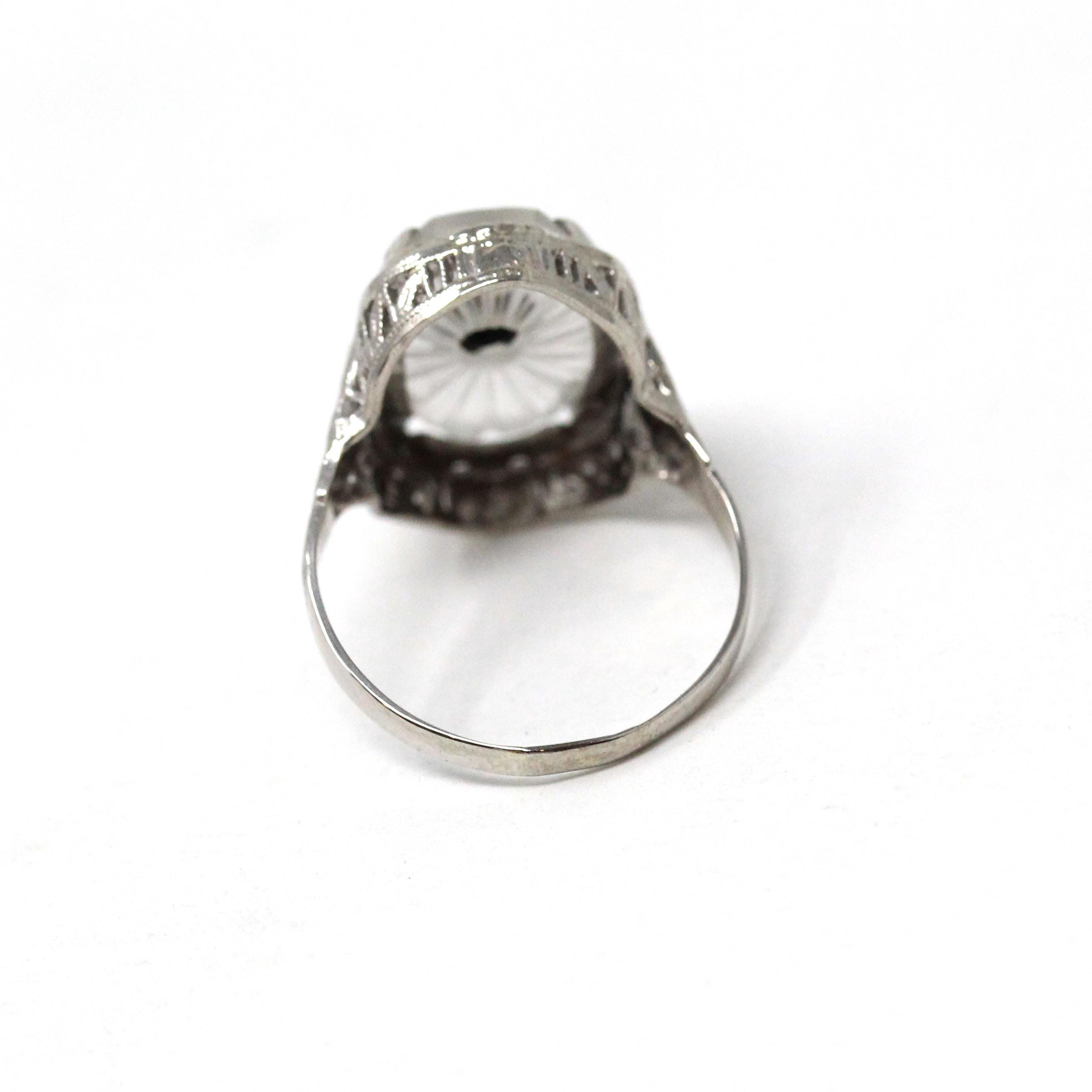 Rock Crystal Quartz Ring - Art Deco 14k White Gold Genuine Diamond Gemstone - Vintage Circa 1930 Size 6 3/4 Filigree Floral Fine 30s Jewelry