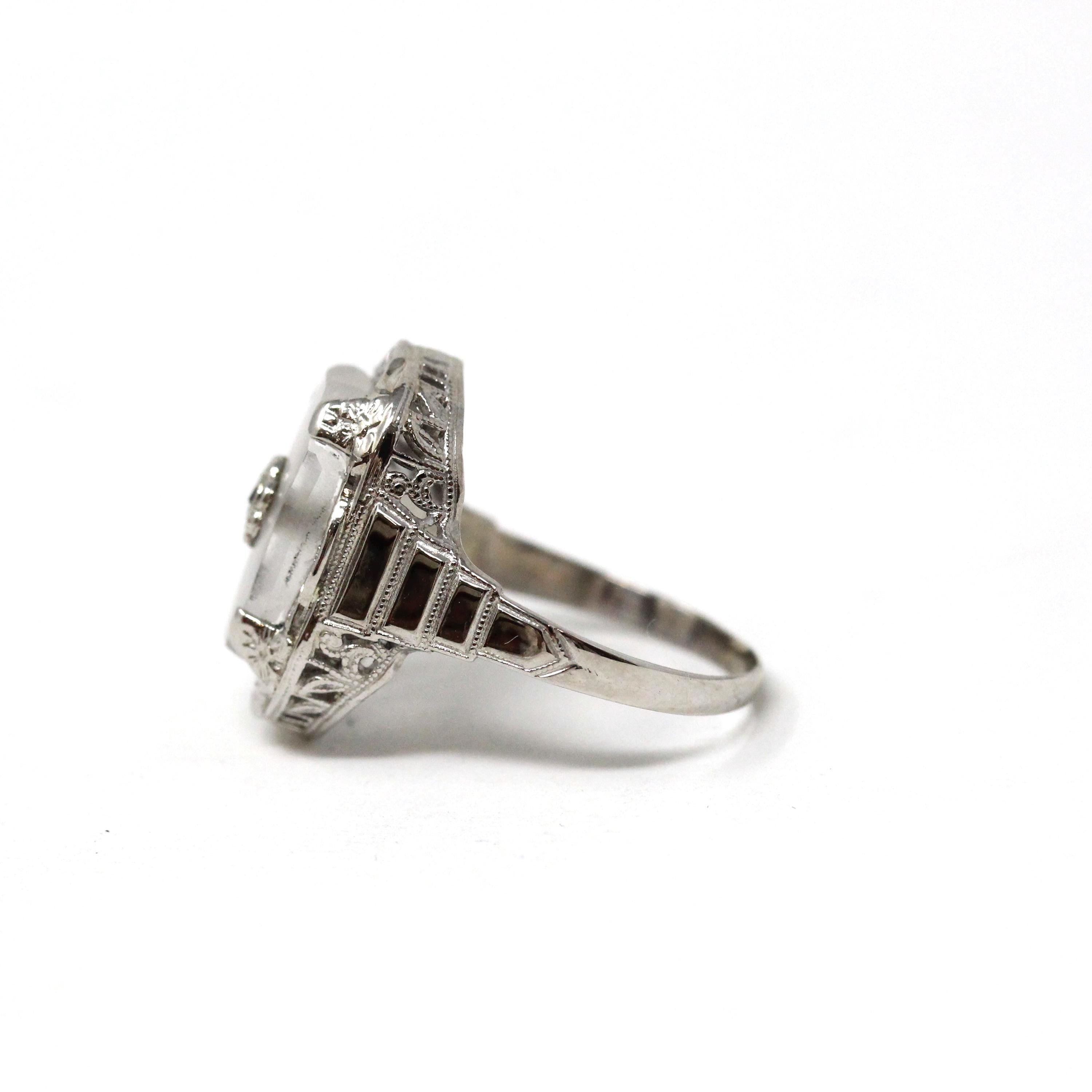 Rock Crystal Quartz Ring - Art Deco 14k White Gold Genuine Diamond Gemstone - Vintage Circa 1930 Size 6 3/4 Filigree Floral Fine 30s Jewelry