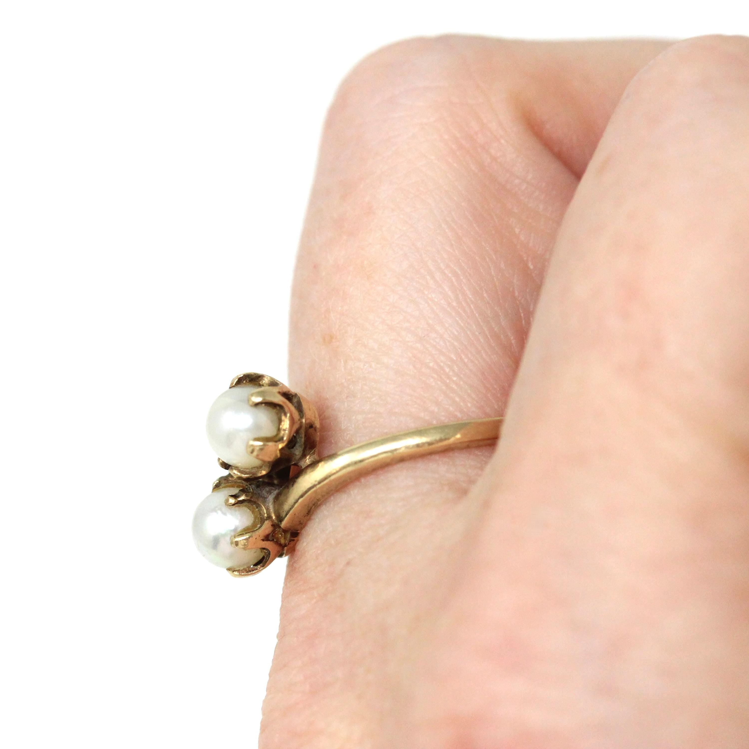 Cultured Pearl Ring - Mid Century 10k Yellow Gold Toi Et Moi Two Gem Bypass - Vintage Circa 1940s Size 6 3/4 June Birthstone B&F Jewelry