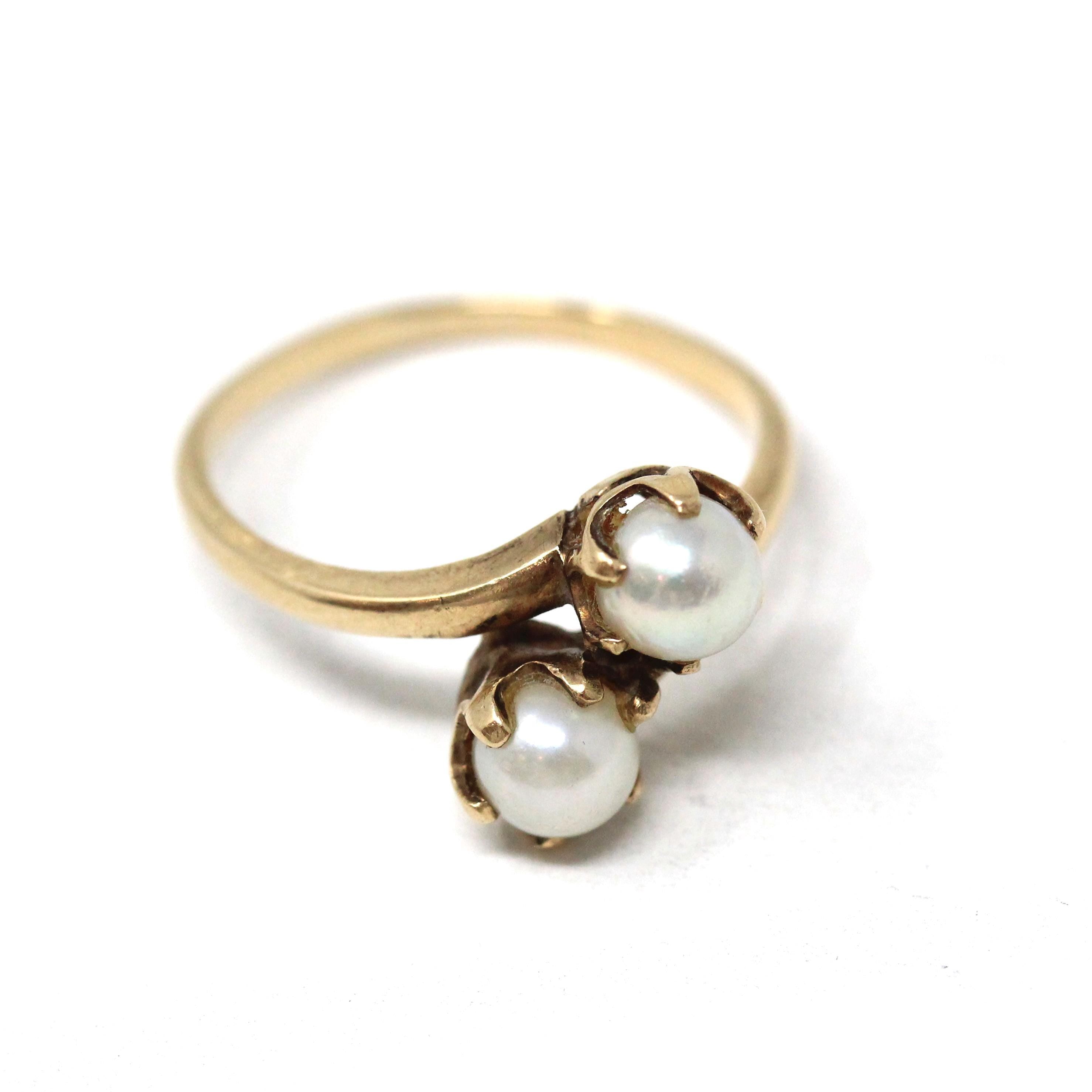 Cultured Pearl Ring - Mid Century 10k Yellow Gold Toi Et Moi Two Gem Bypass - Vintage Circa 1940s Size 6 3/4 June Birthstone B&F Jewelry