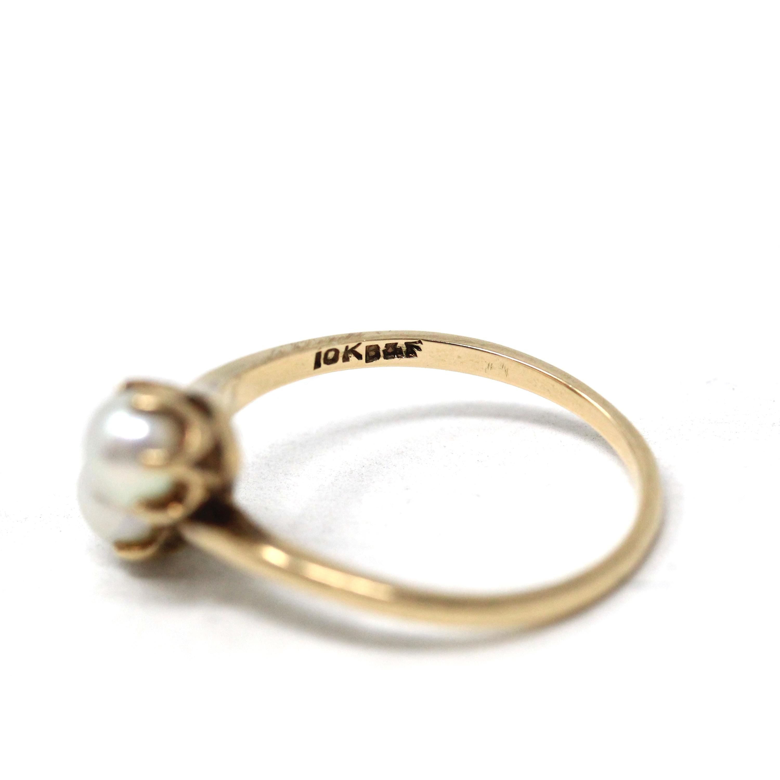 Cultured Pearl Ring - Mid Century 10k Yellow Gold Toi Et Moi Two Gem Bypass - Vintage Circa 1940s Size 6 3/4 June Birthstone B&F Jewelry