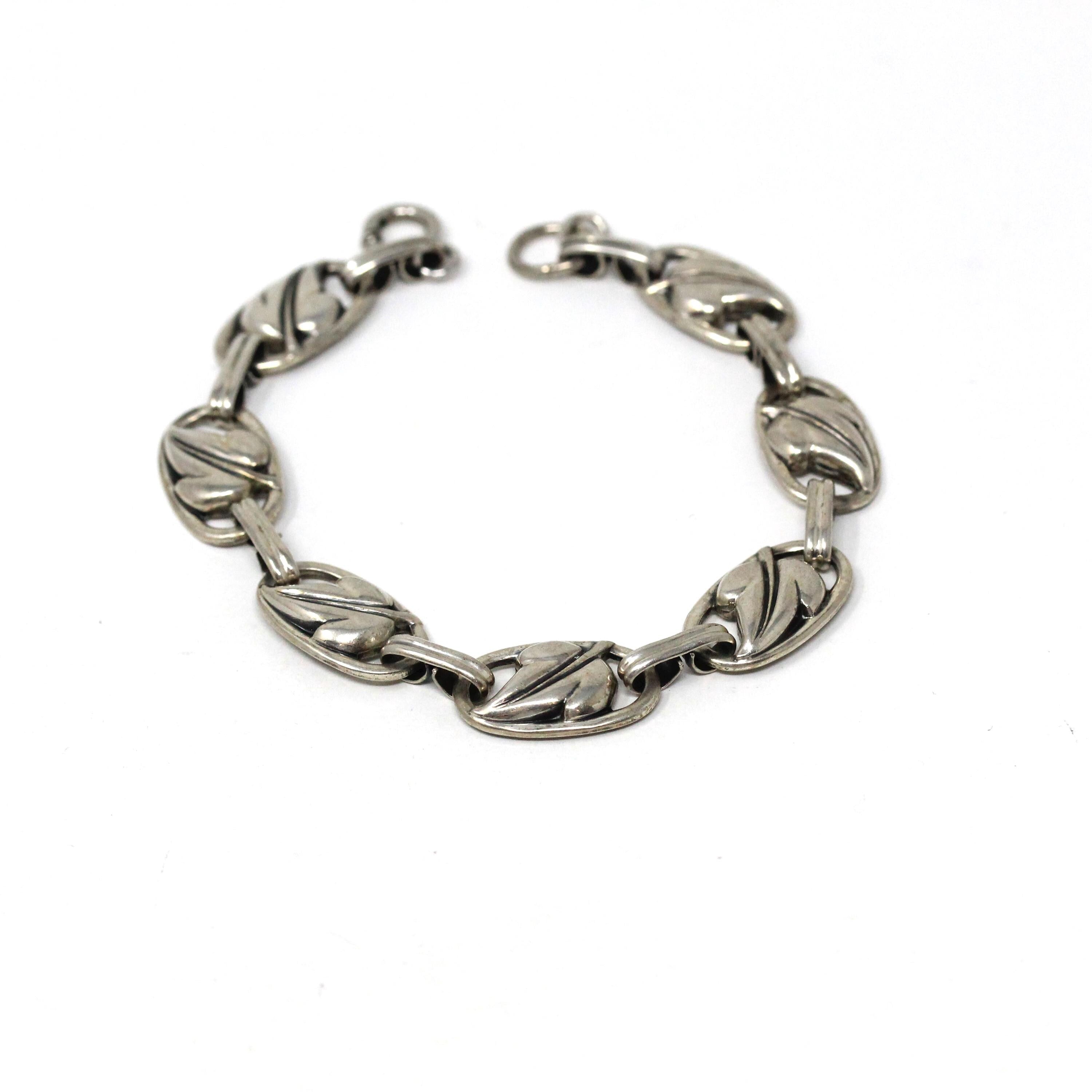 Vintage Leaf Bracelet - Mid Century Sterling Silver Nature Inspired Statement Design - Circa 1940s Era Collectible Signed Danecraft Jewelry