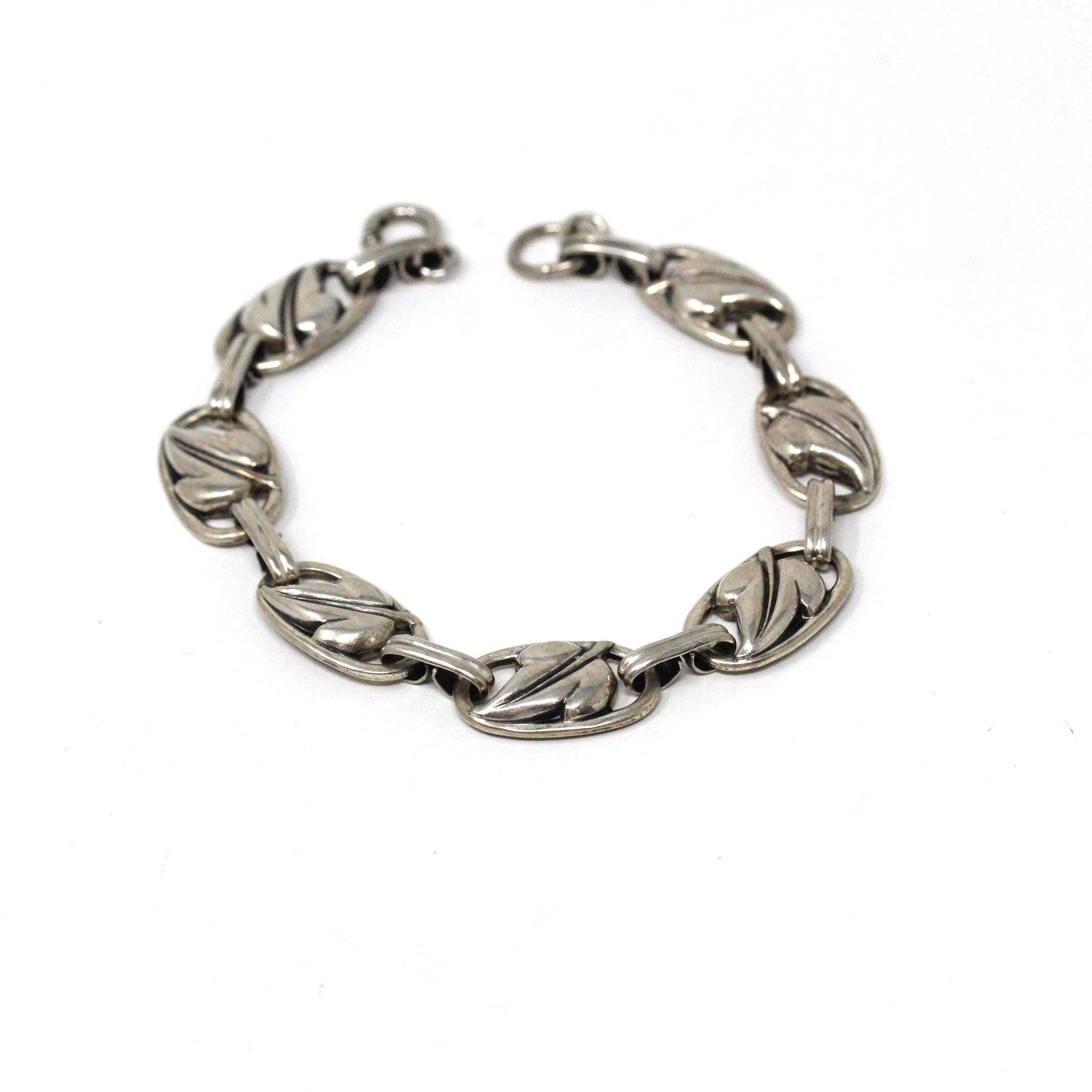 Vintage Leaf Bracelet - Mid Century Sterling Silver Nature Inspired Statement Design - Circa 1940s Era Collectible Signed Danecraft Jewelry