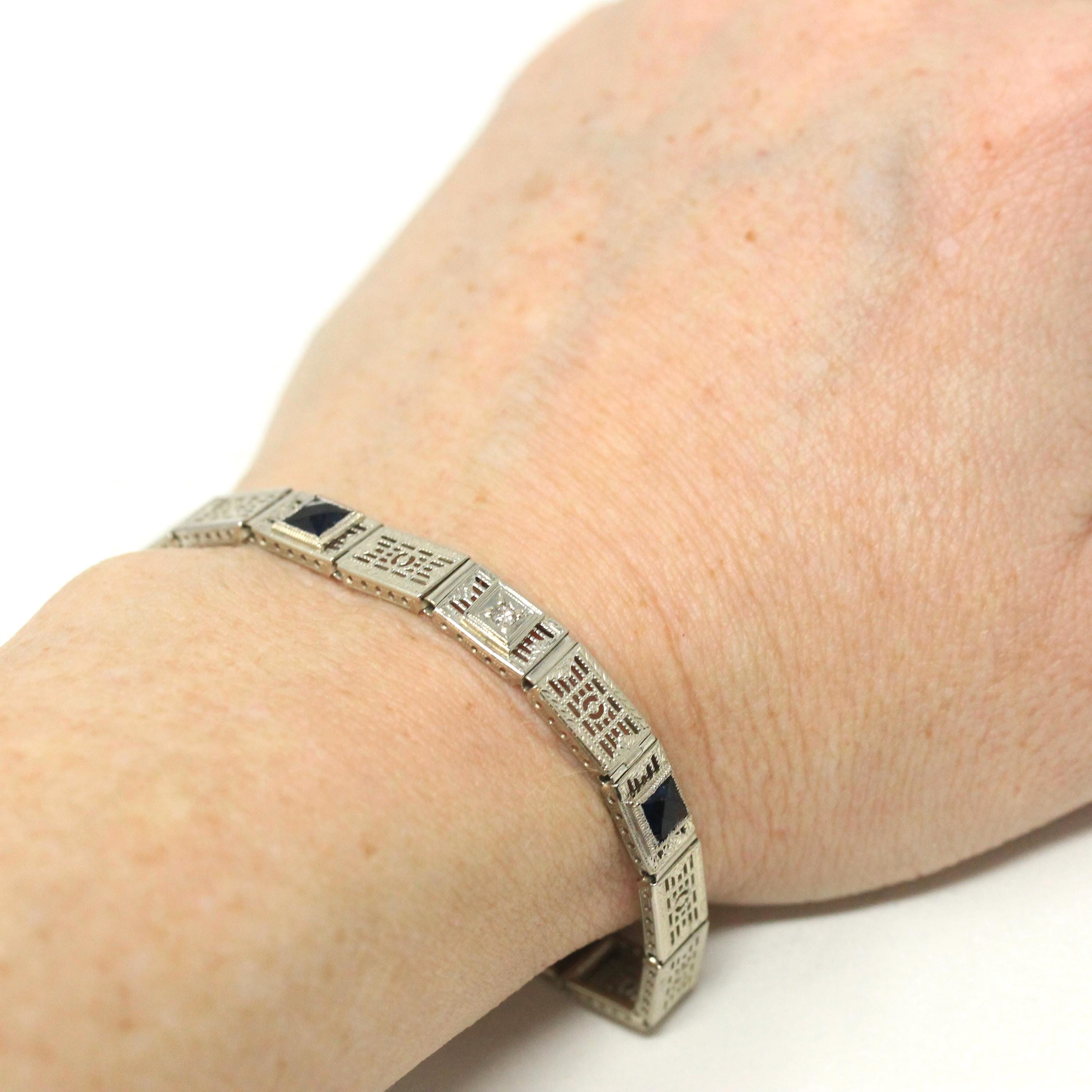 Art Deco Bracelet - Vintage 14k White Gold Simulated Sapphire Blue Glass & Diamonds - Circa 1930s Era Line Tennis Fashion Accessory Jewelry