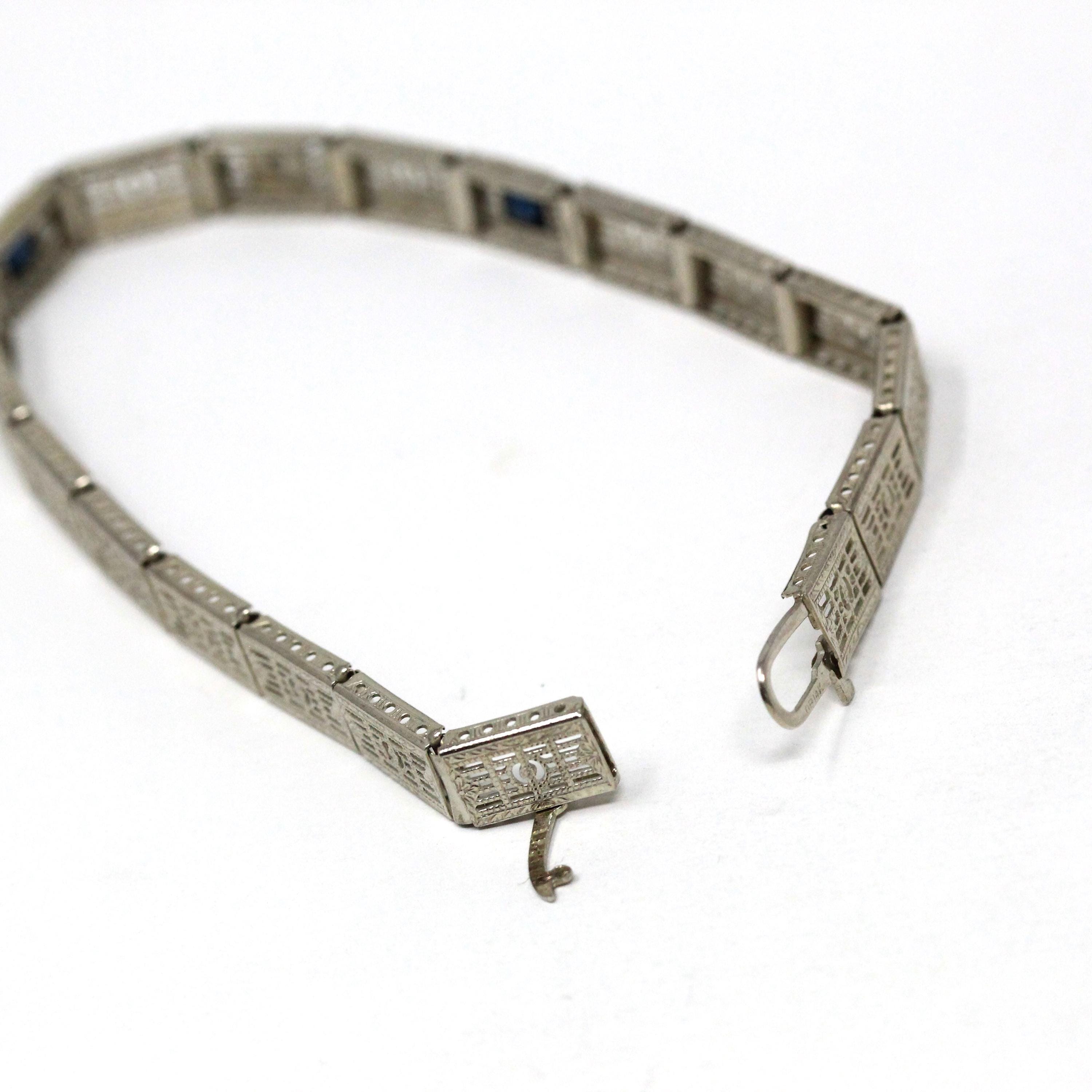 Art Deco Bracelet - Vintage 14k White Gold Simulated Sapphire Blue Glass & Diamonds - Circa 1930s Era Line Tennis Fashion Accessory Jewelry