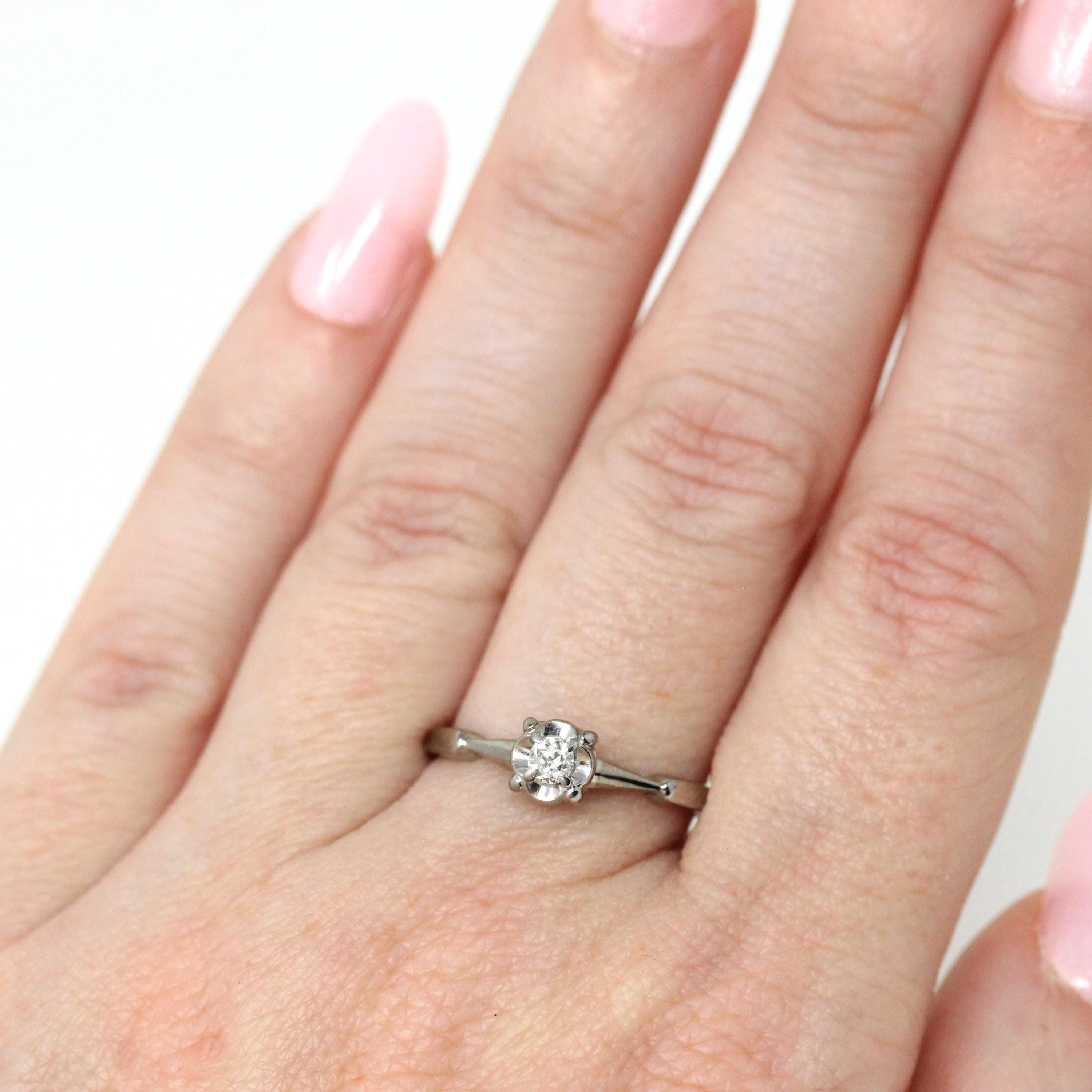 Mid Century Ring - Vintage 18k White Gold Solitaire Diamond Engagement - Circa 1950s Era Size 7 1/4 Illusion Head Fine Statement Jewelry