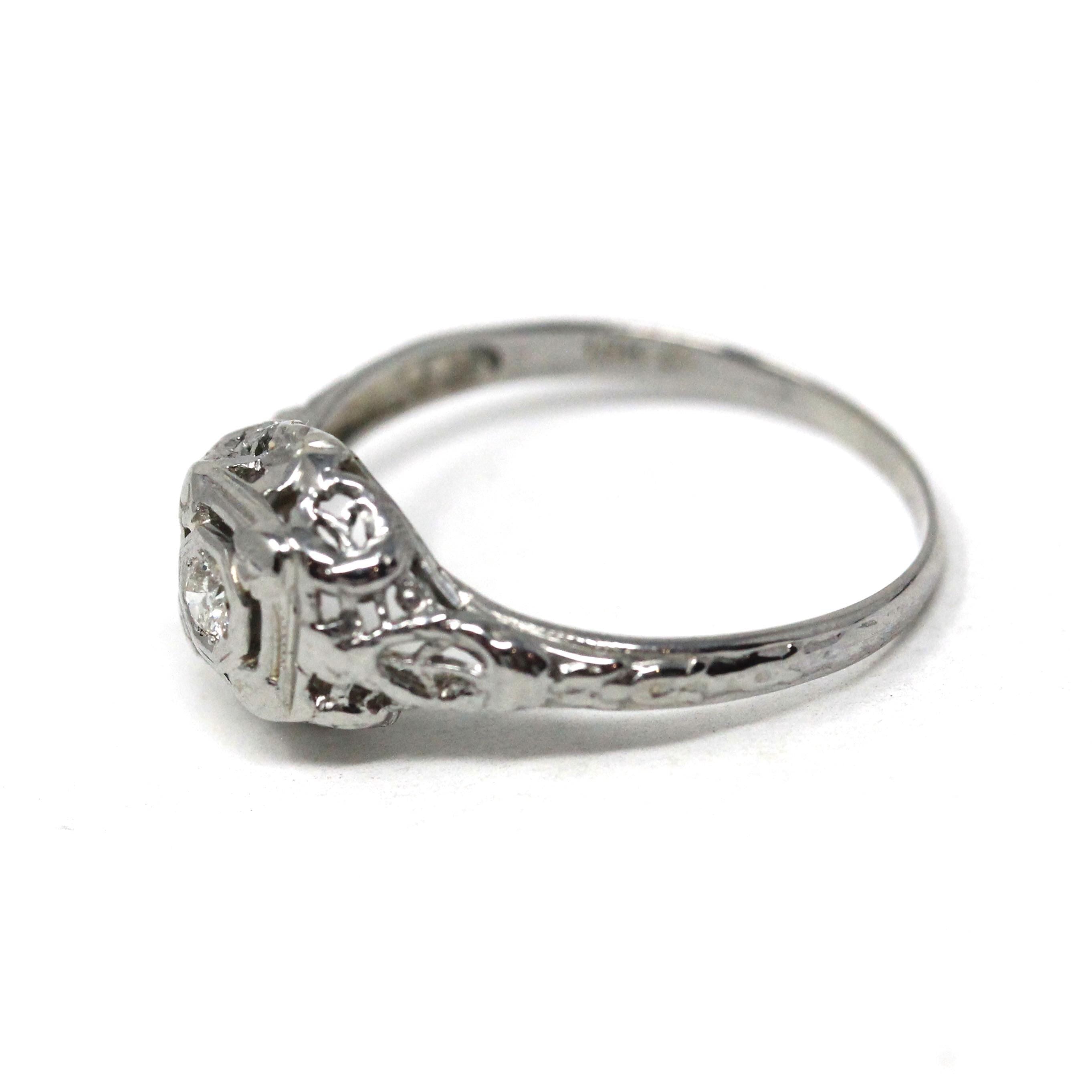 Vintage Diamond Ring - Art Deco 18k White Gold Natural Old European Solitaire Engagement - Circa 1930s Era Size 7 1/4 Filigree Fine Jewelry