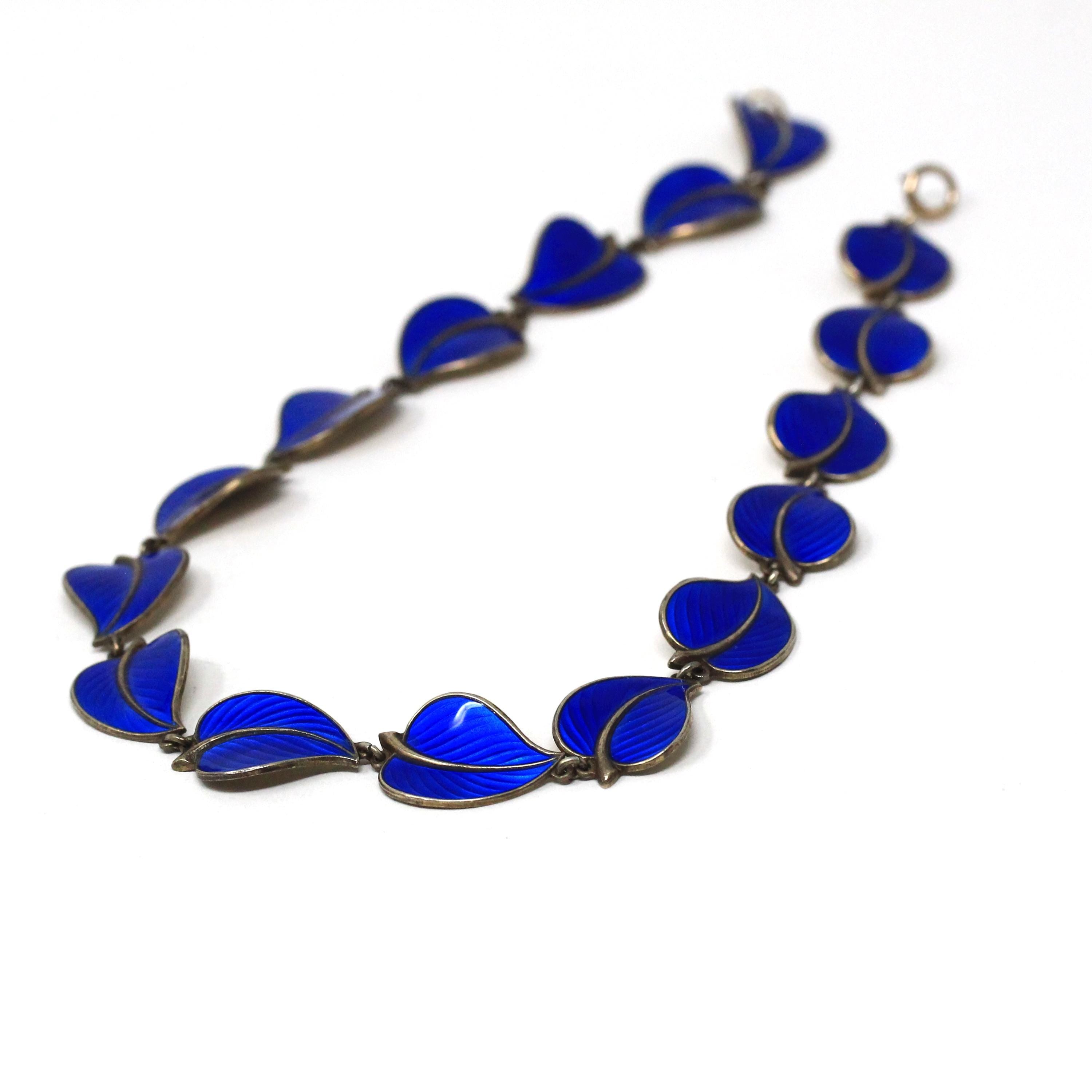 Vintage Enamel Necklace - Mid Century Sterling Silver Blue Enamel Leaf Links Necklace - Circa 1950s Era Hans Myhre Scandinavian 50s Jewelry