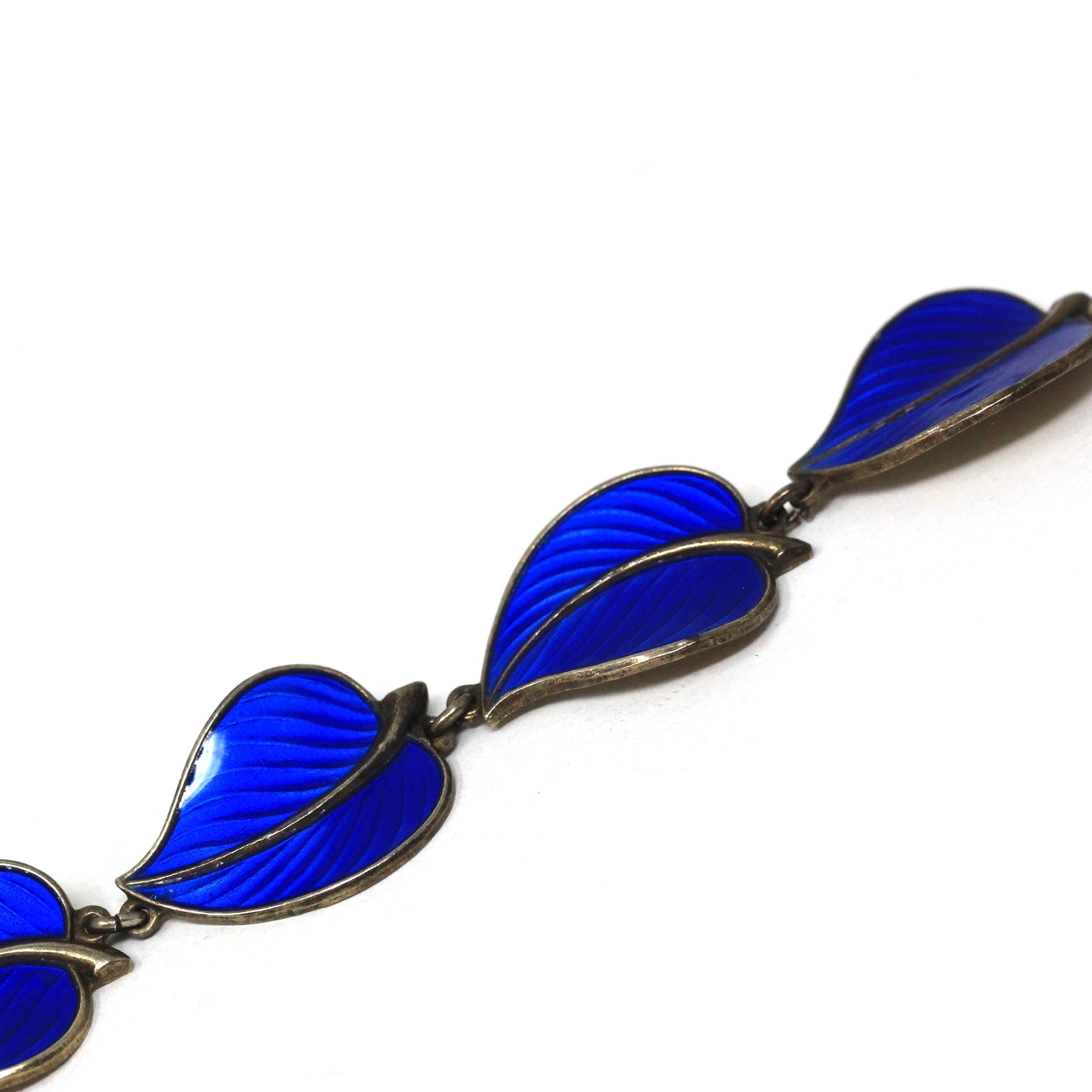 Vintage Enamel Necklace - Mid Century Sterling Silver Blue Enamel Leaf Links Necklace - Circa 1950s Era Hans Myhre Scandinavian 50s Jewelry