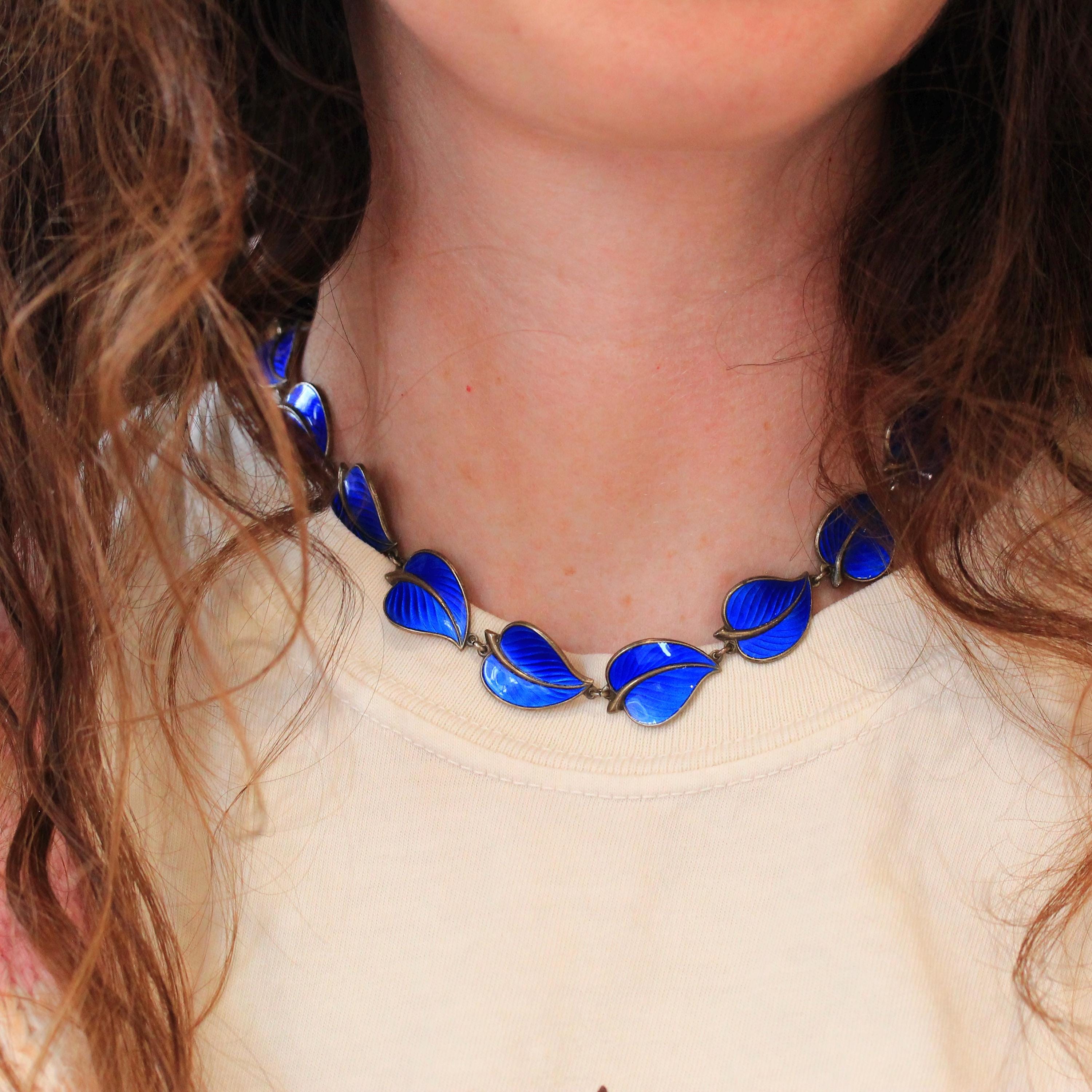 Vintage Enamel Necklace - Mid Century Sterling Silver Blue Enamel Leaf Links Necklace - Circa 1950s Era Hans Myhre Scandinavian 50s Jewelry