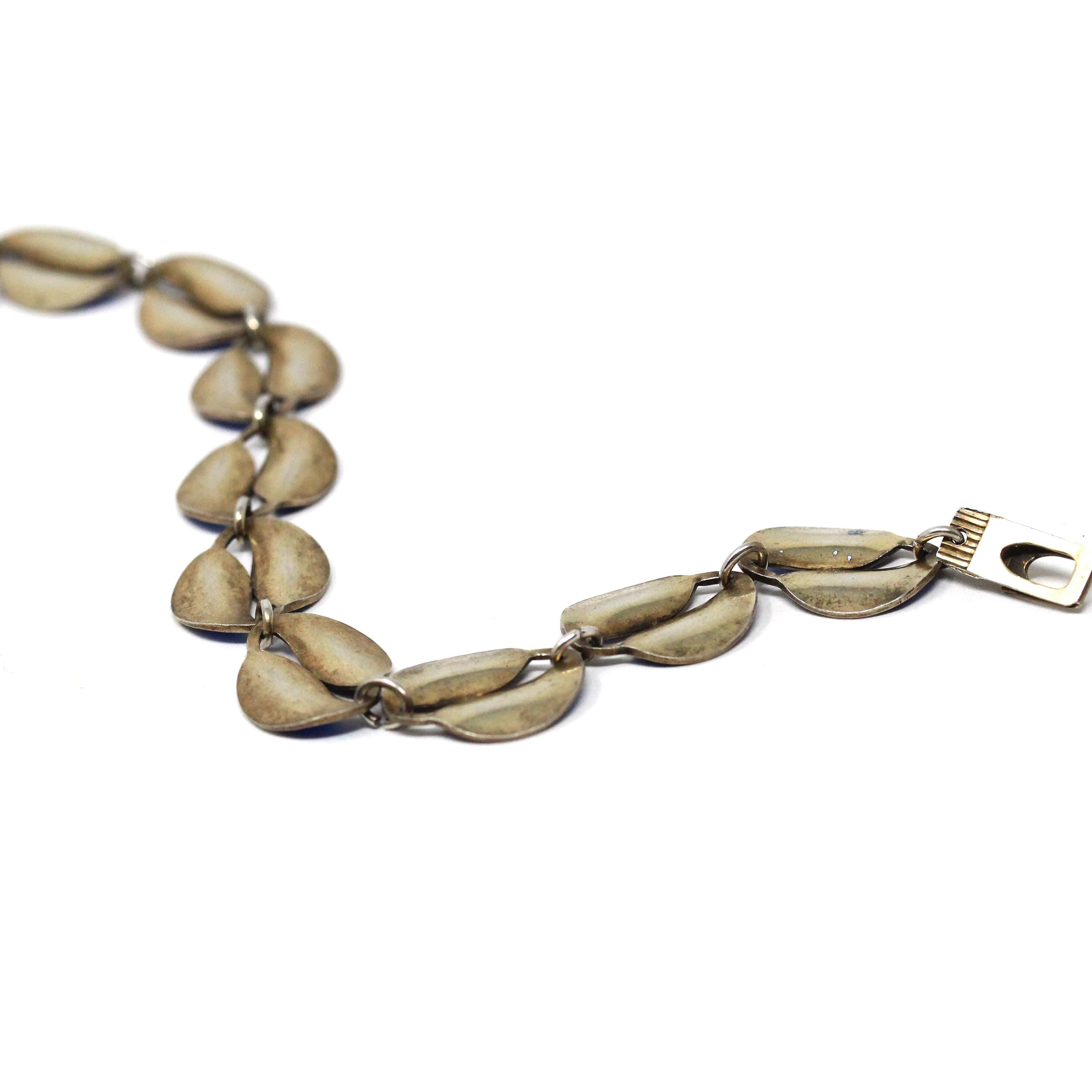Vintage Enamel Jewelry Set - Mid Century Sterling Silver Blue Enamel Leaf Links Necklace Bracelet - Circa 1950s Era David Anderson Jewelry