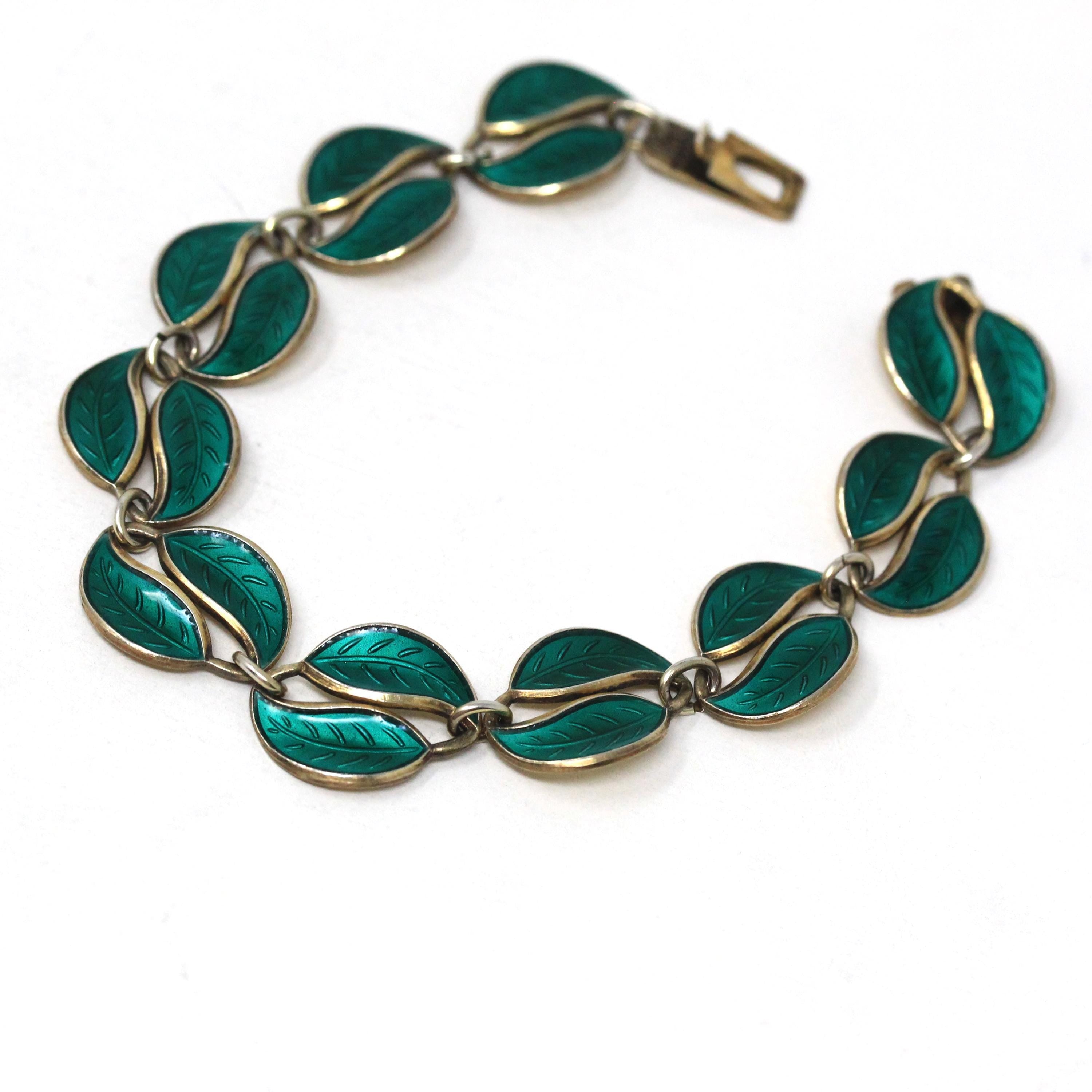 Vintage Enamel Jewelry Set - Mid Century Sterling Silver Green Enamel Leaf Links Necklace Bracelet - Circa 1950s Era David Anderson Jewelry