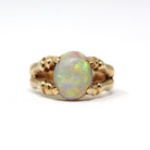 Vintage Opal Ring - Retro Era 10k Yellow Gold Natural Oval Gemstone Bamboo Branch Statement - Circa 1970s Size 6 1/4 Brutalist Fine Jewelry