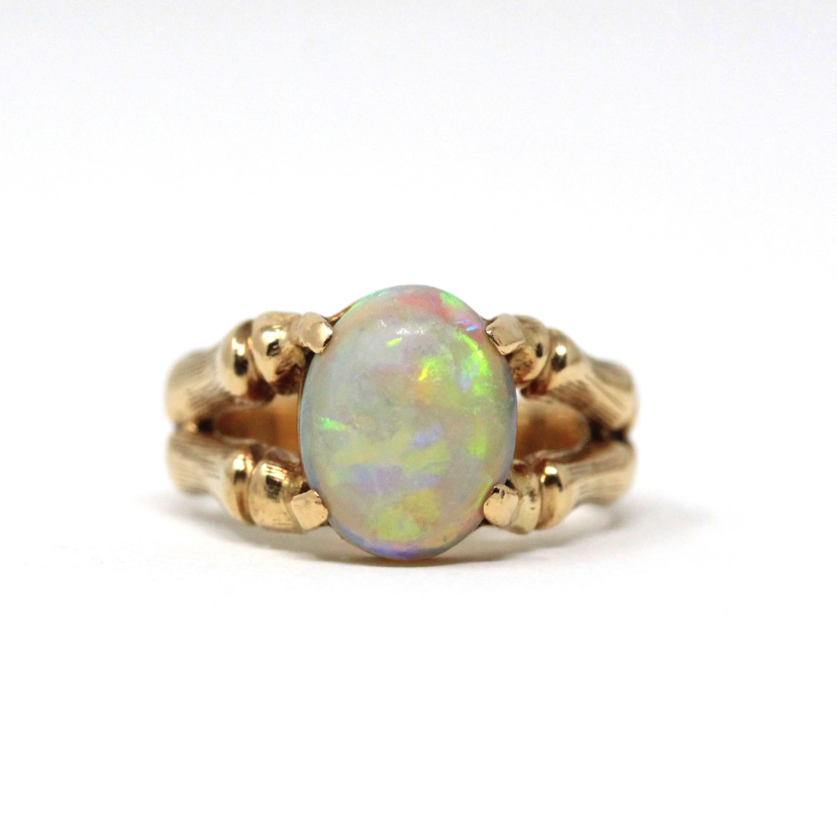 Vintage Opal Ring - Retro Era 10k Yellow Gold Natural Oval Gemstone Bamboo Branch Statement - Circa 1970s Size 6 1/4 Brutalist Fine Jewelry