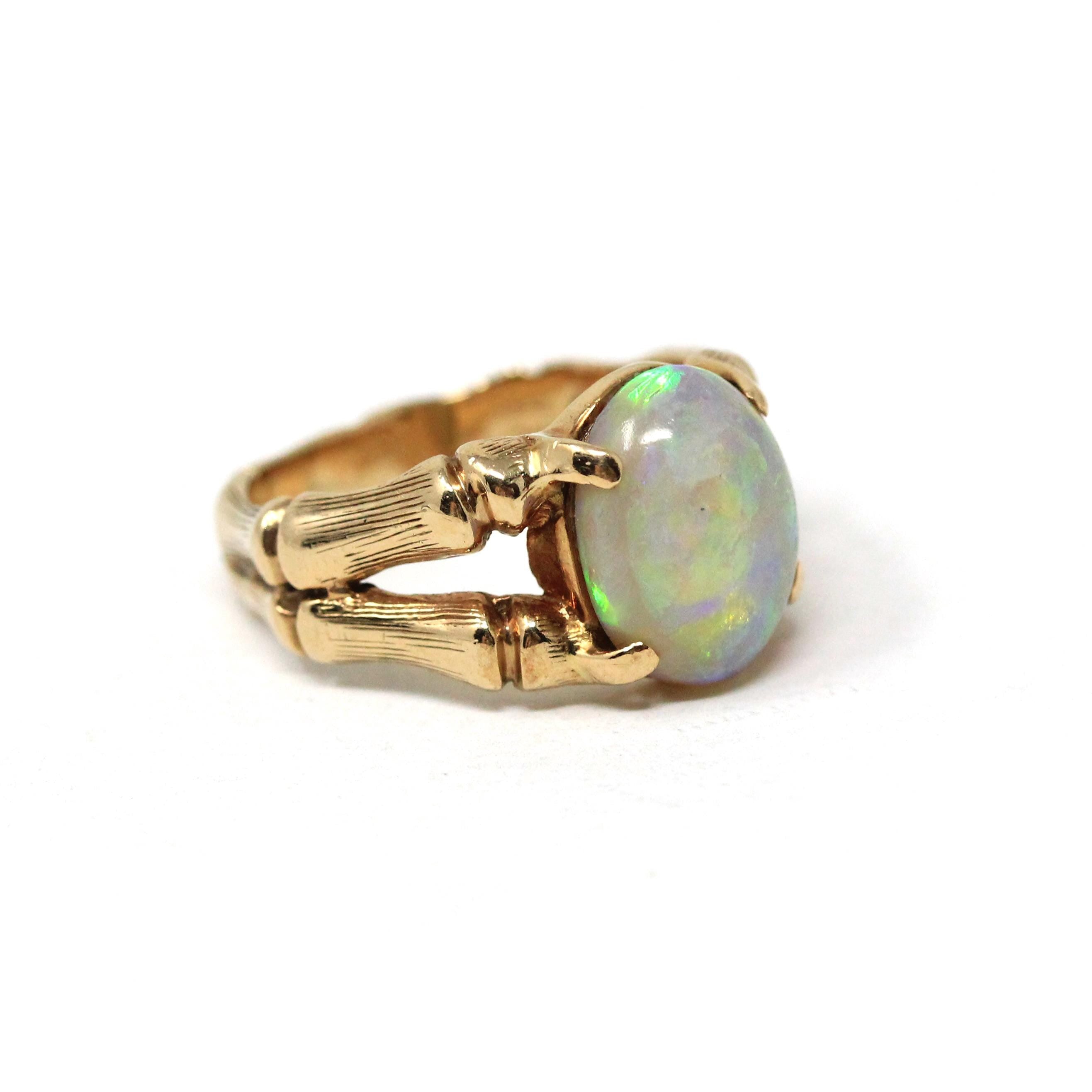 Vintage Opal Ring - Retro Era 10k Yellow Gold Natural Oval Gemstone Bamboo Branch Statement - Circa 1970s Size 6 1/4 Brutalist Fine Jewelry