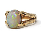 Vintage Opal Ring - Retro Era 10k Yellow Gold Natural Oval Gemstone Bamboo Branch Statement - Circa 1970s Size 6 1/4 Brutalist Fine Jewelry