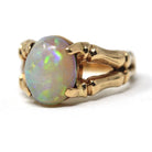 Vintage Opal Ring - Retro Era 10k Yellow Gold Natural Oval Gemstone Bamboo Branch Statement - Circa 1970s Size 6 1/4 Brutalist Fine Jewelry