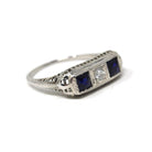 Art Deco Filigree Ring - Vintage 18k White Gold Diamond & Created Sapphire 3 Gemstones - Circa 1930s Era Size 7 Fine Statement Jewelry