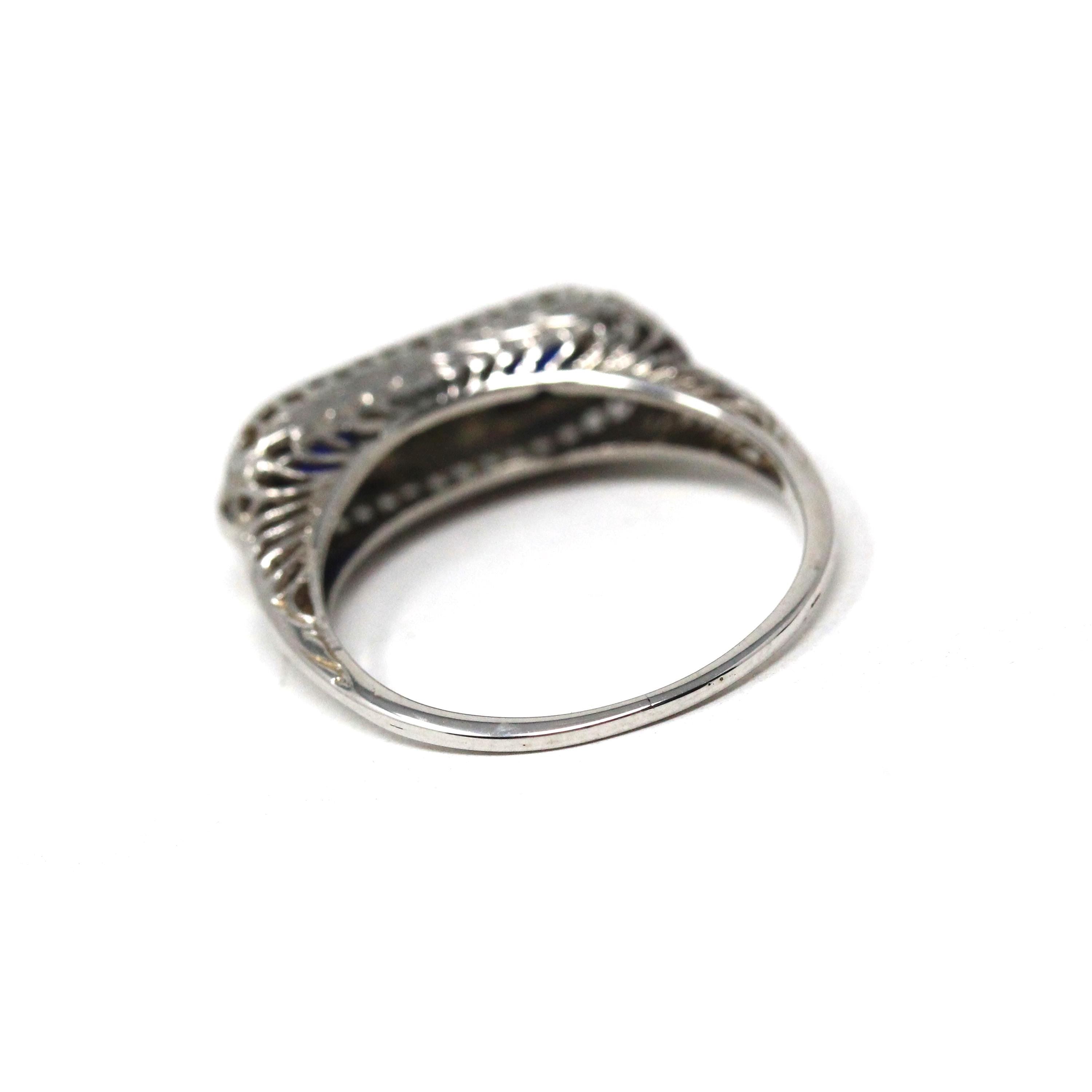 Art Deco Filigree Ring - Vintage 18k White Gold Diamond & Created Sapphire 3 Gemstones - Circa 1930s Era Size 7 Fine Statement Jewelry