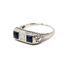 Art Deco Filigree Ring - Vintage 18k White Gold Diamond & Created Sapphire 3 Gemstones - Circa 1930s Era Size 7 Fine Statement Jewelry