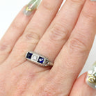 Art Deco Filigree Ring - Vintage 18k White Gold Diamond & Created Sapphire 3 Gemstones - Circa 1930s Era Size 7 Fine Statement Jewelry