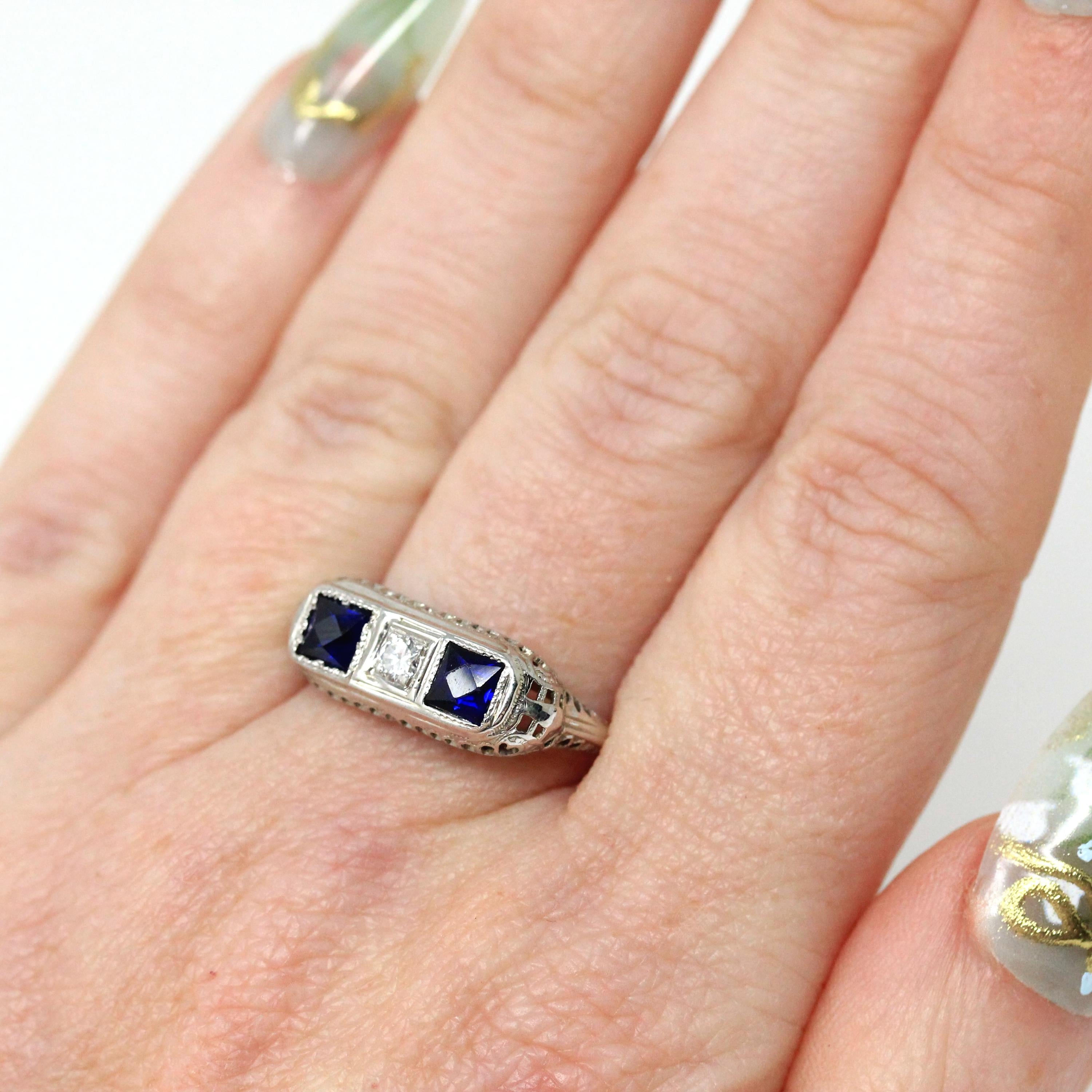 Art Deco Filigree Ring - Vintage 18k White Gold Diamond & Created Sapphire 3 Gemstones - Circa 1930s Era Size 7 Fine Statement Jewelry
