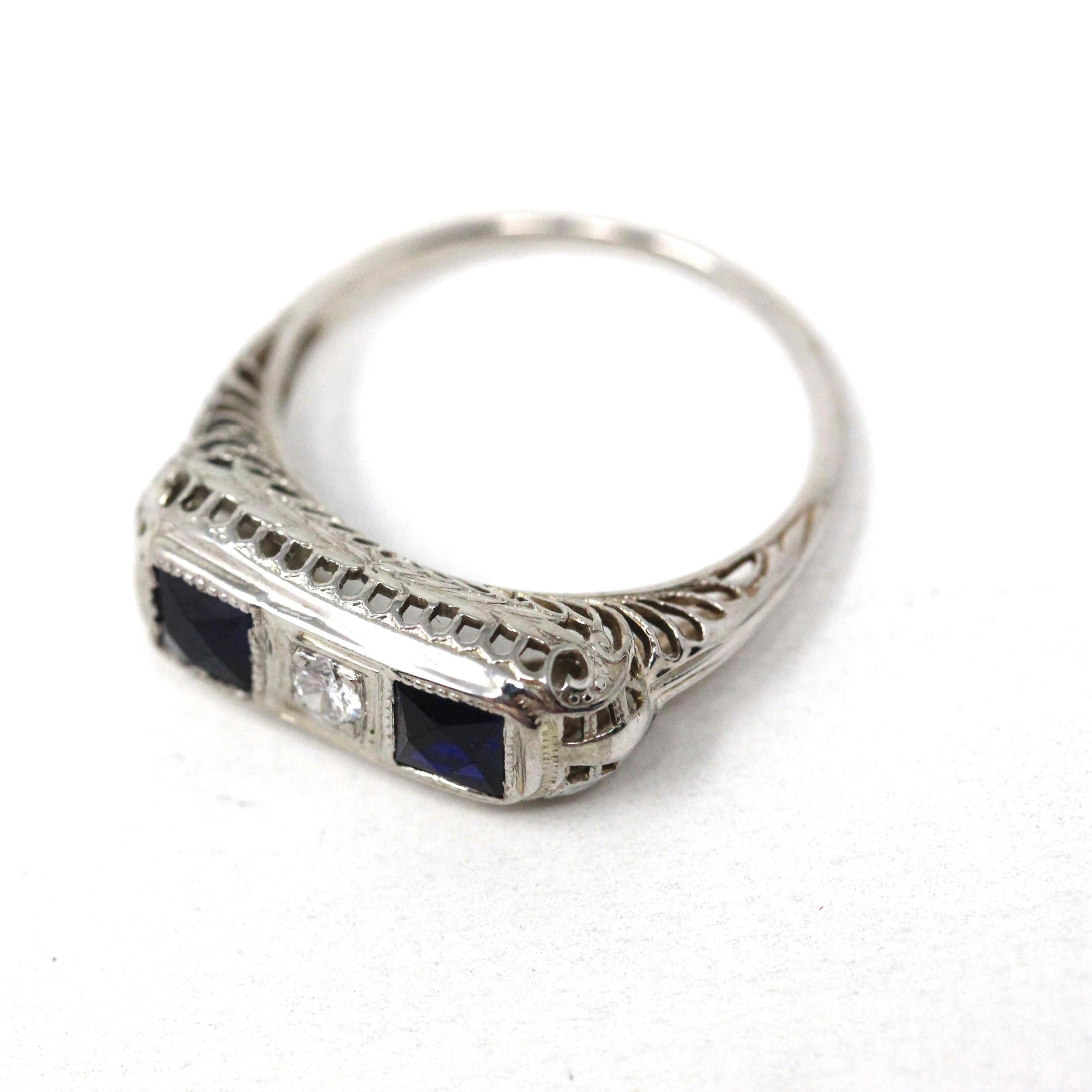Art Deco Filigree Ring - Vintage 18k White Gold Diamond & Created