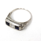 Art Deco Filigree Ring - Vintage 18k White Gold Diamond & Created Sapphire 3 Gemstones - Circa 1930s Era Size 7 Fine Statement Jewelry
