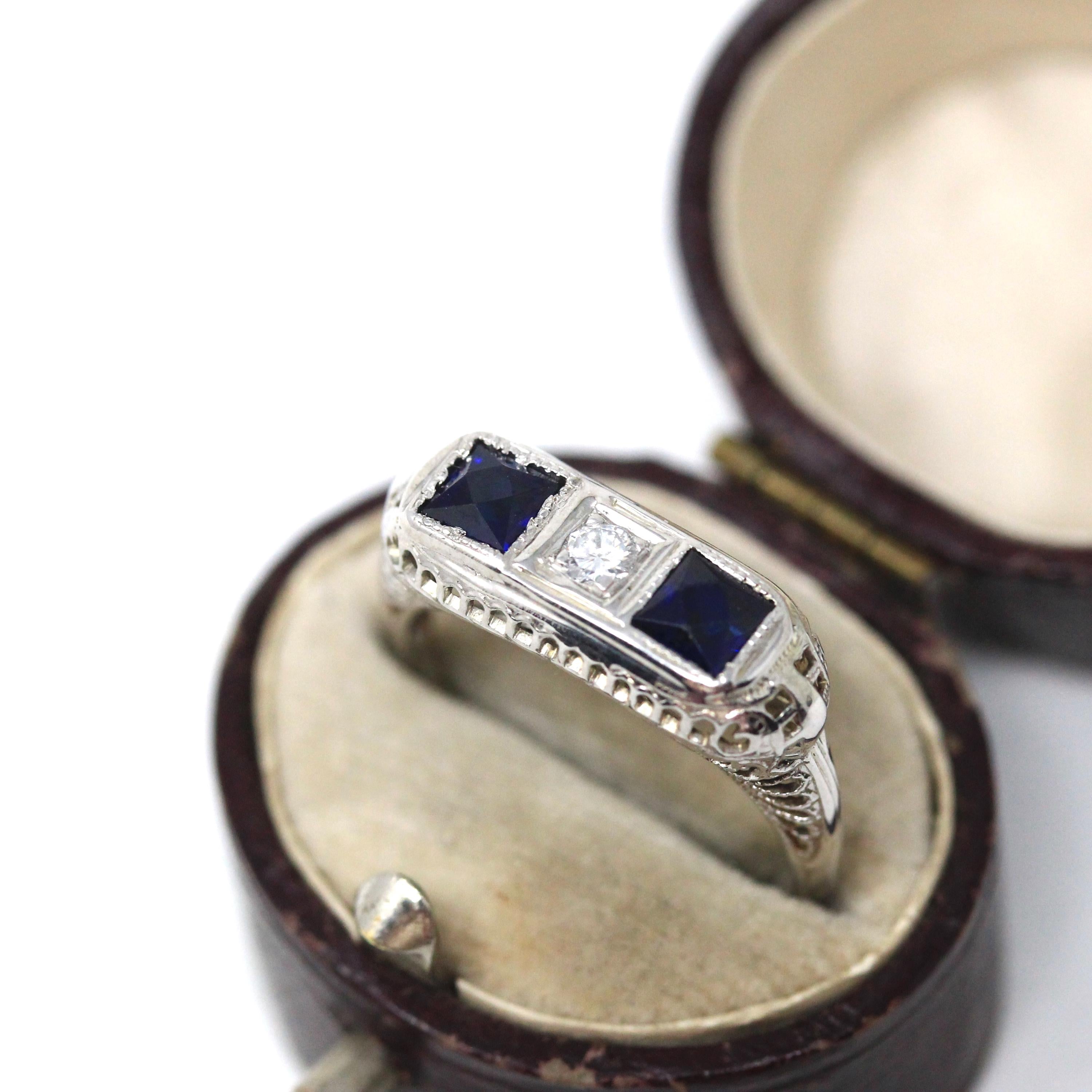 Art Deco Filigree Ring - Vintage 18k White Gold Diamond & Created