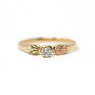 Vintage Diamond Ring - Mid Century 10k Tri Color Gold Natural Round Solitaire Gemstone Engagement - Circa 1960s Size 5 3/4 Leaf Fine Jewelry