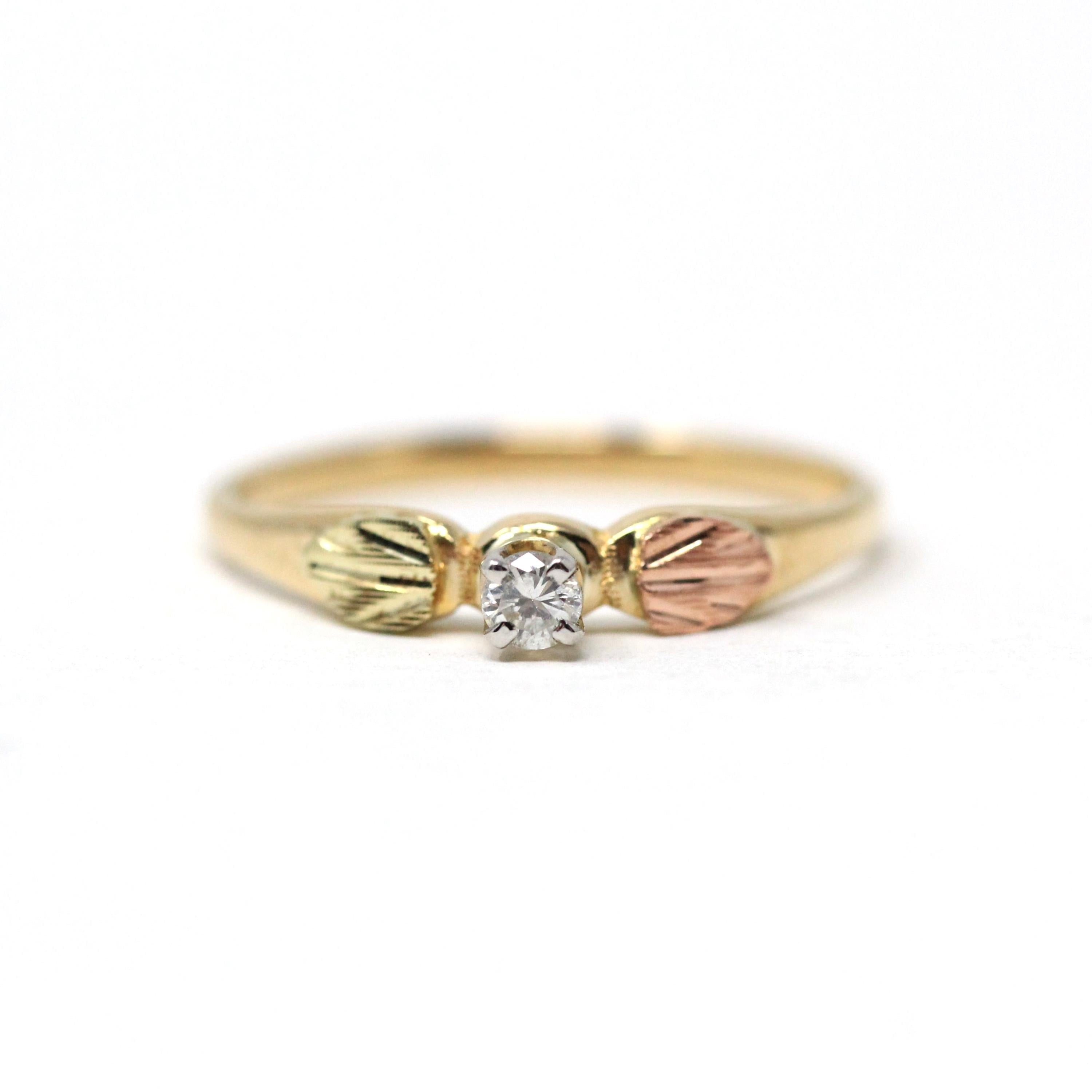 Vintage Diamond Ring - Mid Century 10k Tri Color Gold Natural Round Solitaire Gemstone Engagement - Circa 1960s Size 5 3/4 Leaf Fine Jewelry