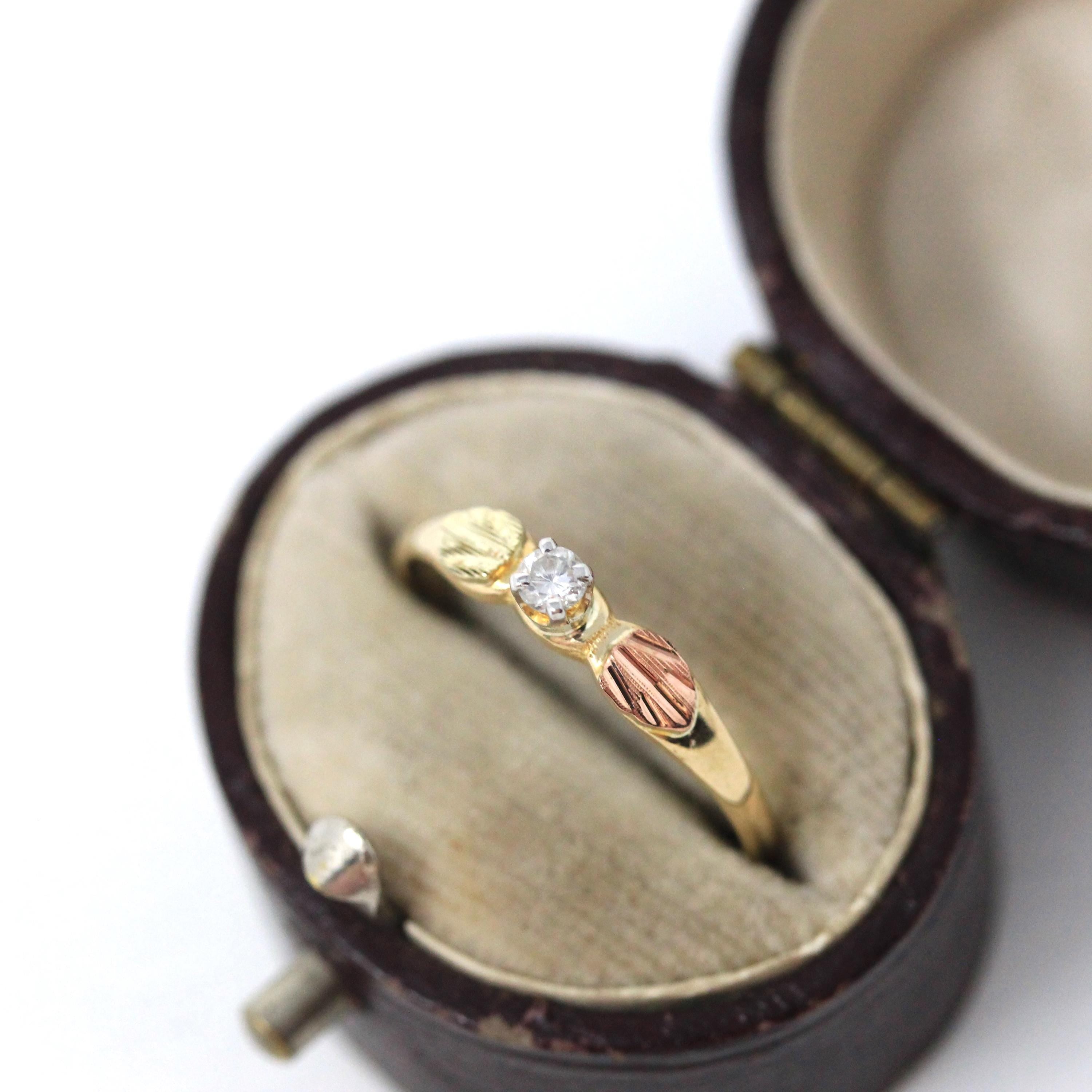 Vintage Diamond Ring - Mid Century 10k Tri Color Gold Natural Round Solitaire Gemstone Engagement - Circa 1960s Size 5 3/4 Leaf Fine Jewelry