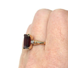 Created Ruby Ring - Vintage 14k Yellow Gold Rectangular Red Gemstone Natural Diamond Accents - Circa 1940s Size 7 1/2 Fine Two Tone Jewelry