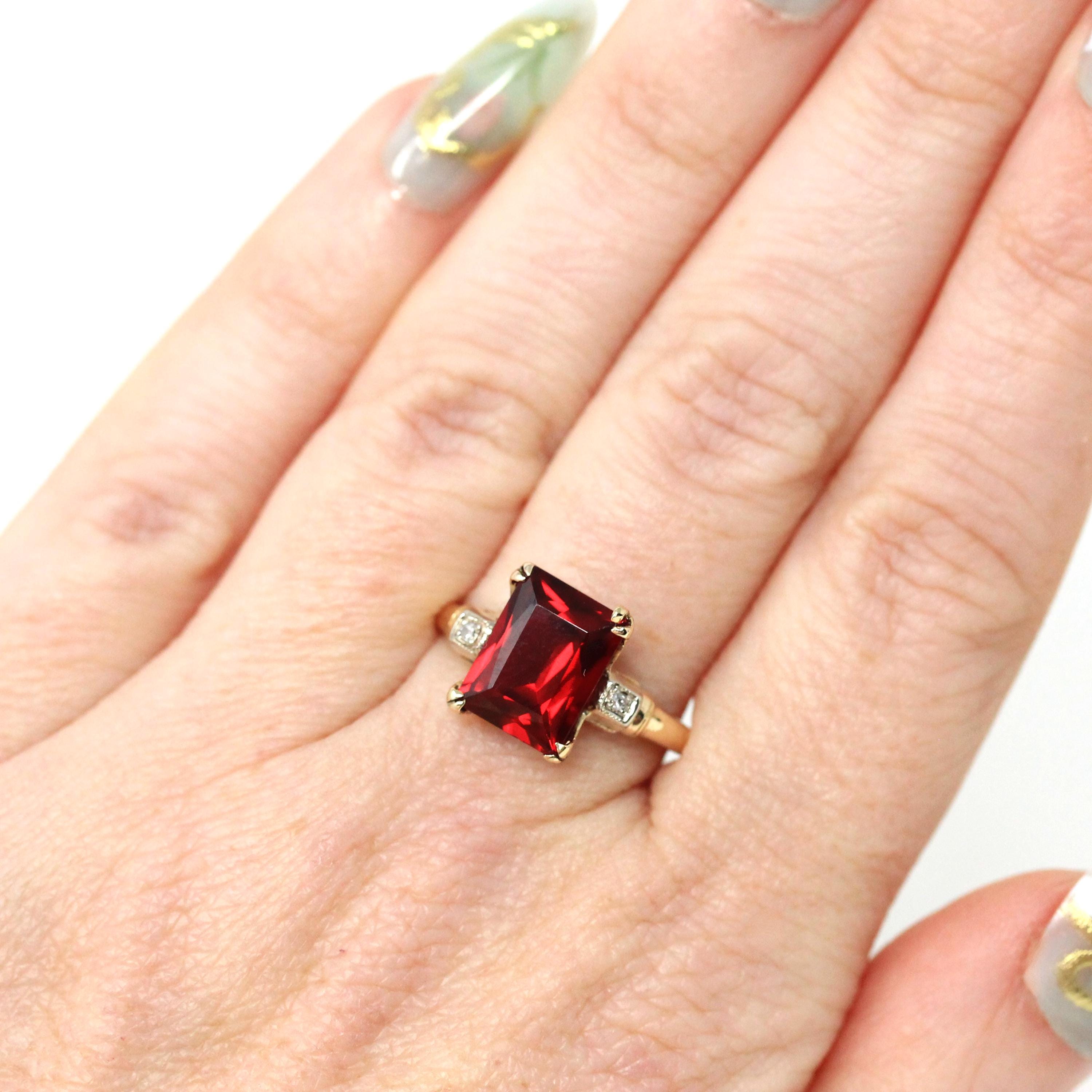 Created Ruby Ring - Vintage 14k Yellow Gold Rectangular Red Gemstone Natural Diamond Accents - Circa 1940s Size 7 1/2 Fine Two Tone Jewelry