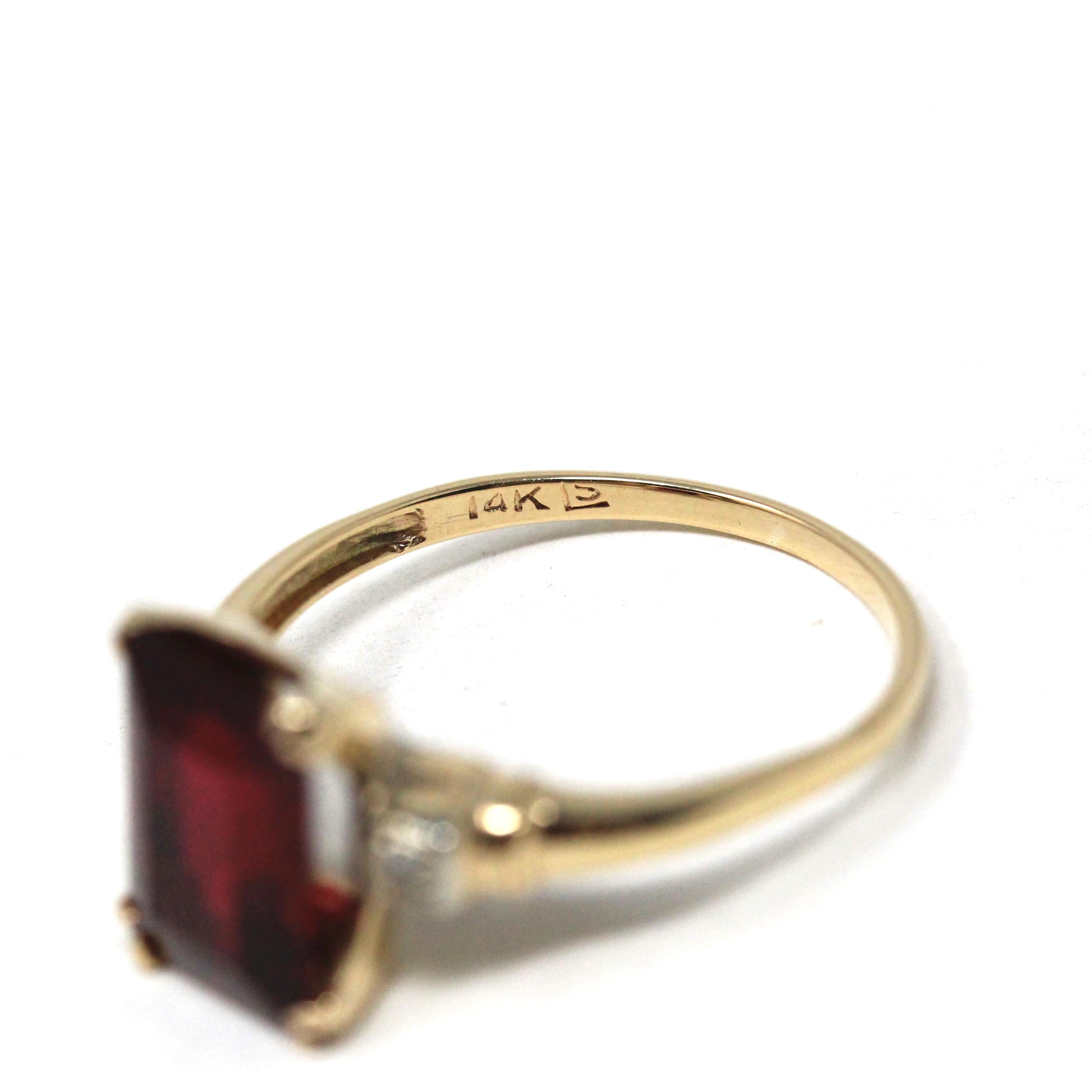 Created Ruby Ring - Vintage 14k Yellow Gold Rectangular Red Gemstone Natural Diamond Accents - Circa 1940s Size 7 1/2 Fine Two Tone Jewelry