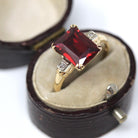 Created Ruby Ring - Vintage 14k Yellow Gold Rectangular Red Gemstone Natural Diamond Accents - Circa 1940s Size 7 1/2 Fine Two Tone Jewelry