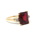 Created Ruby Ring - Vintage 14k Yellow Gold Rectangular Red Gemstone Natural Diamond Accents - Circa 1940s Size 7 1/2 Fine Two Tone Jewelry