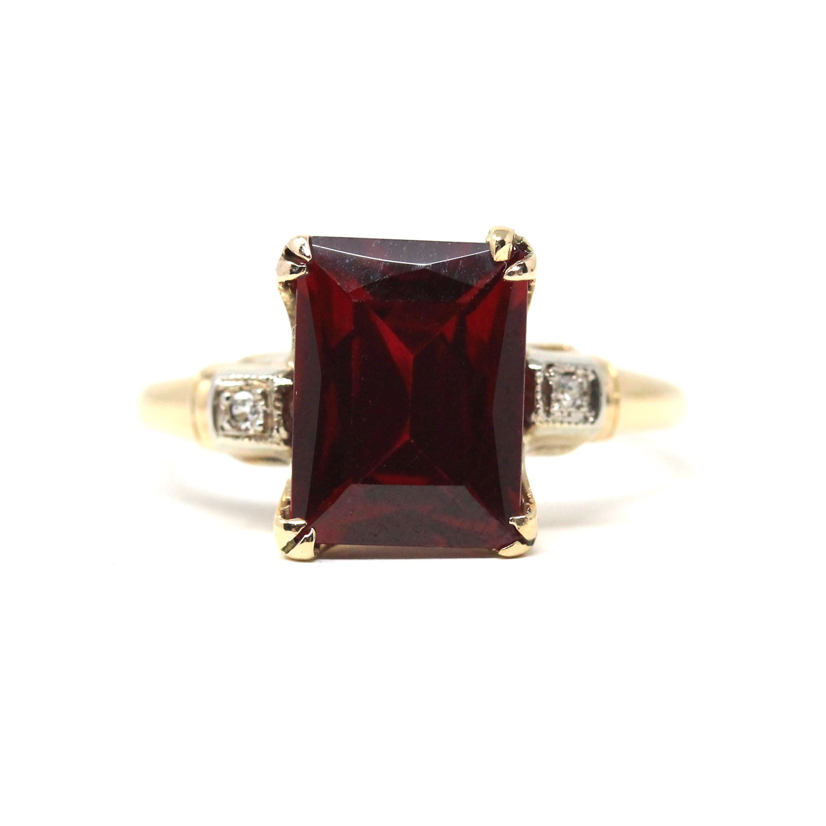 Created Ruby Ring - Vintage 14k Yellow Gold Rectangular Red Gemstone Natural Diamond Accents - Circa 1940s Size 7 1/2 Fine Two Tone Jewelry