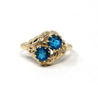 Vintage Toi Et Moi Ring - Mid Century Era 10k Yellow Gold Bright Blue Glass Stones - Circa 1940s Size 6 Leaf Details Bypass Fine 40s Jewelry