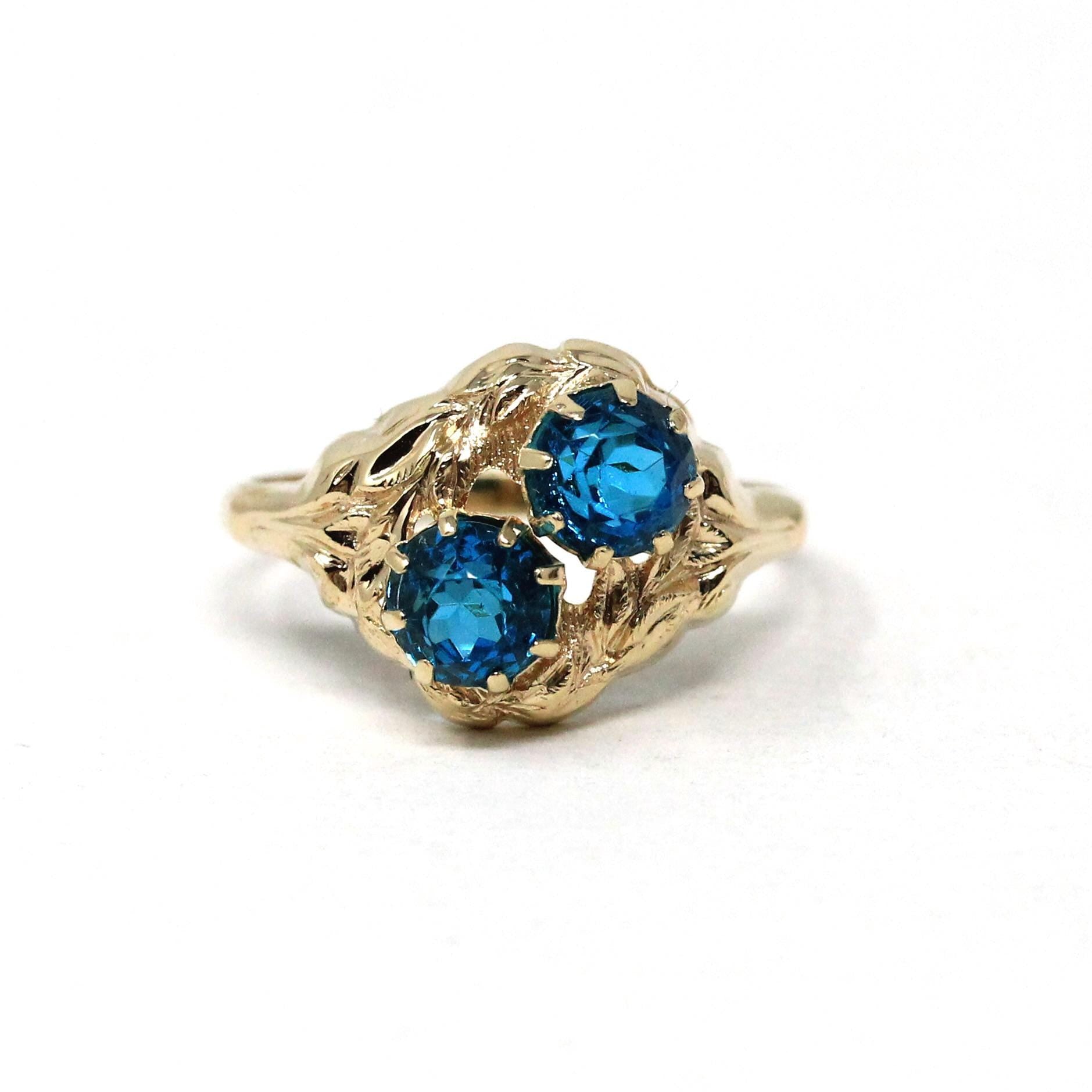 Vintage Toi Et Moi Ring - Mid Century Era 10k Yellow Gold Bright Blue Glass Stones - Circa 1940s Size 6 Leaf Details Bypass Fine 40s Jewelry