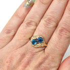 Vintage Toi Et Moi Ring - Mid Century Era 10k Yellow Gold Bright Blue Glass Stones - Circa 1940s Size 6 Leaf Details Bypass Fine 40s Jewelry