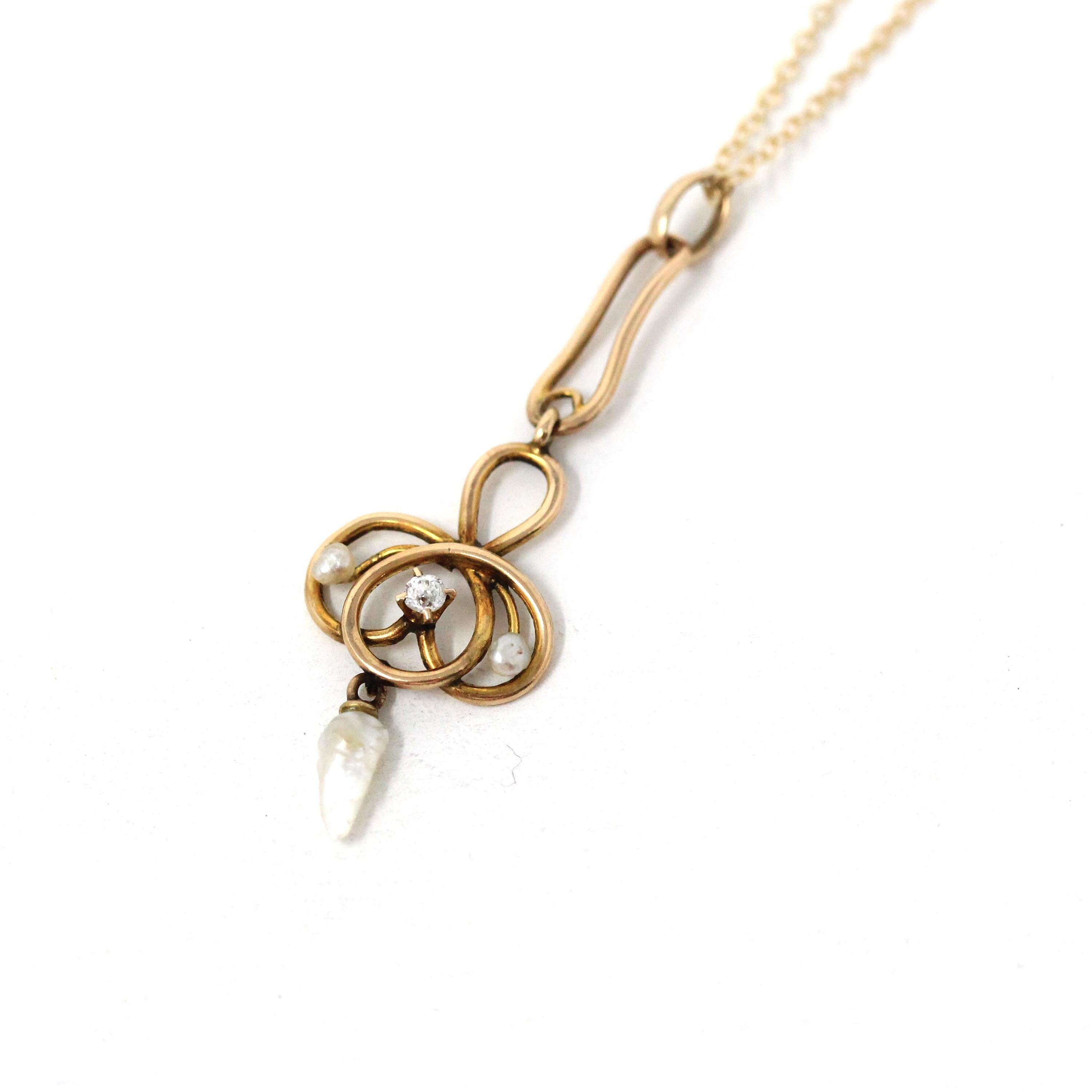 Edwardian Lavalier Necklace - Antique 10k Yellow Gold Natural Diamond Baroque Seed Pearl Gemstone Charm Pendant - Circa 1900s Fine Jewelry