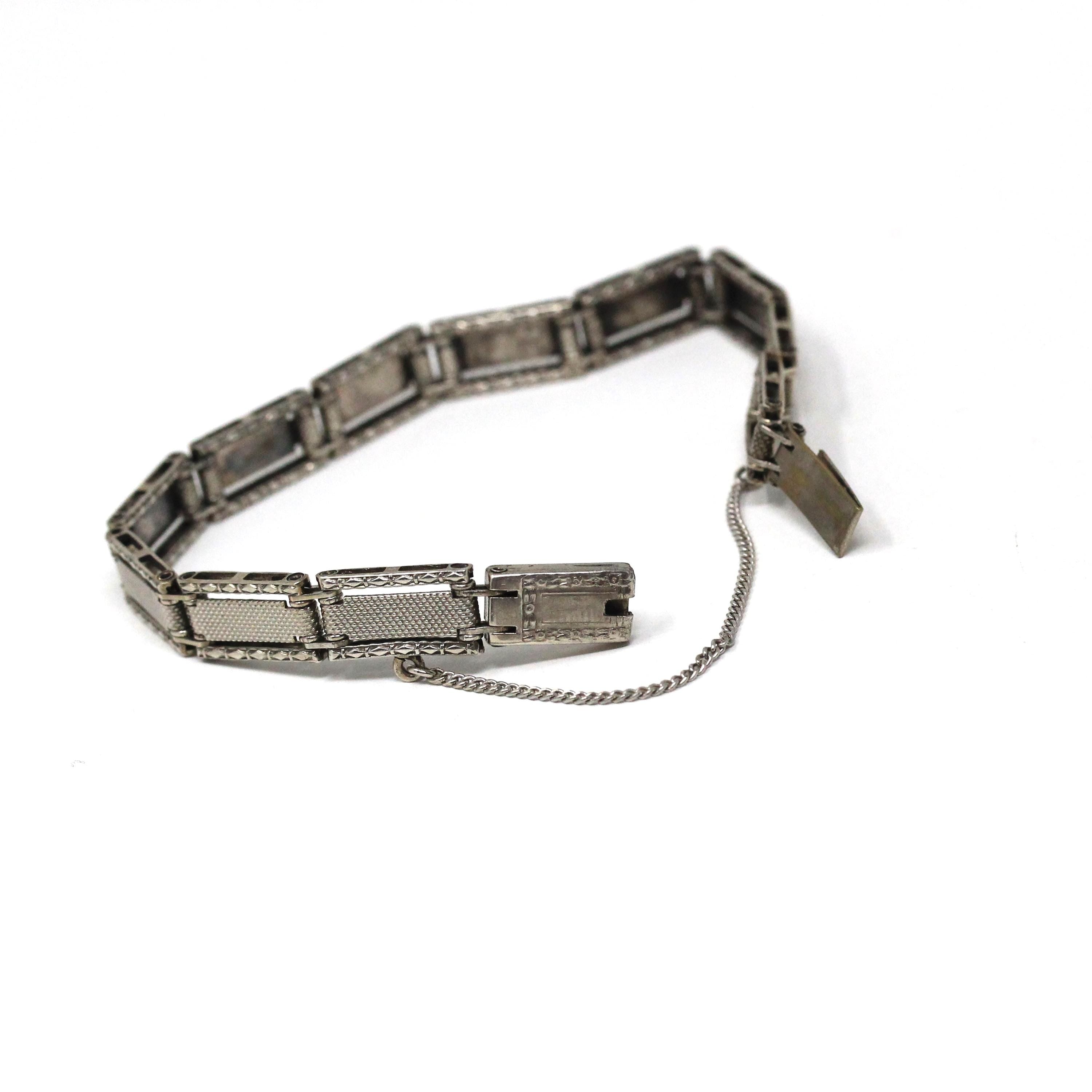 Vintage Panel Bracelet - Retro Sterling Silver Rectangular Textured Links - Circa 1960s Era Statement Fashion Accessory Marked Wells Jewelry