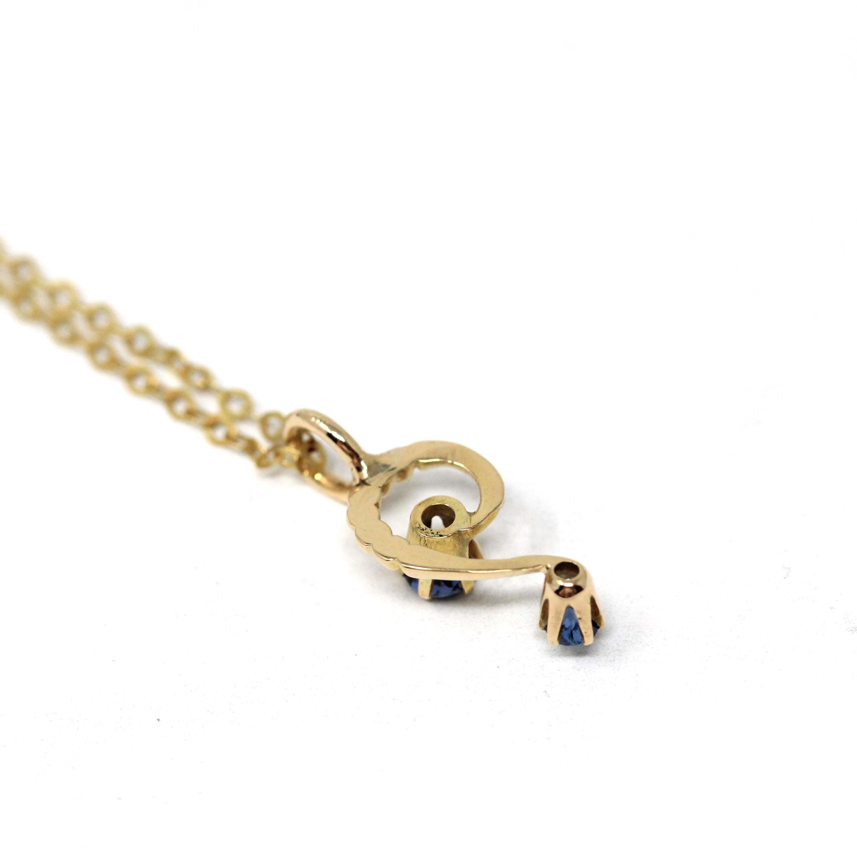 Antique Question Mark Charm - Edwardian 14k Yellow Gold Created Blue Sapphire Gemstone Necklace Pendant - Circa 1910s Stick Pin Fine Jewelry